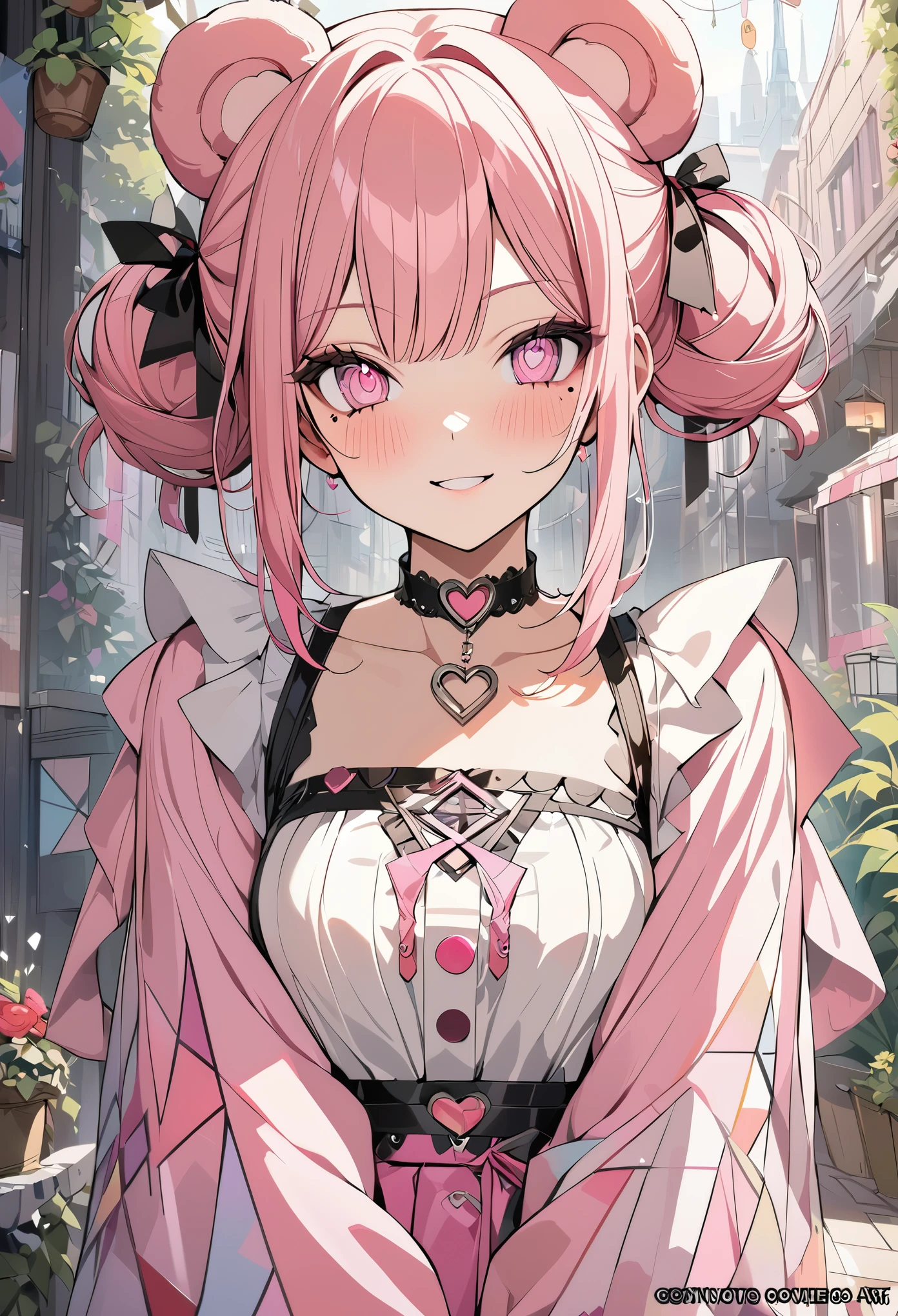 1 girl, pink long bun hair, heart shaped eyes,bear ears, {Pink bob hair bun girl、 The name Nami}, (Pink eye color), {downtown}, (smile), bright background , mole under eye, heart shaped choker, (masterpiece, highest quality), very detailed, highest quality, official art, beautiful and aesthetic: 1.2), (1 girl), very detailed, (geometry art: 1.3), colorful, most detailed ?d1 girl, pink long bun hair, Eye of the symbol, +__+, gothic costume, {A girl with long pink bun hair The name Nami}, (Pink eye color), {downtown}, (smile), bright background, (garden,beautiful flower々),mole under eye, heart shaped choker, (masterpiece, highest quality), official art, beautiful and aesthetic: 1.2), (1 girl), very detailed, (geometry art: 1.3), colorful