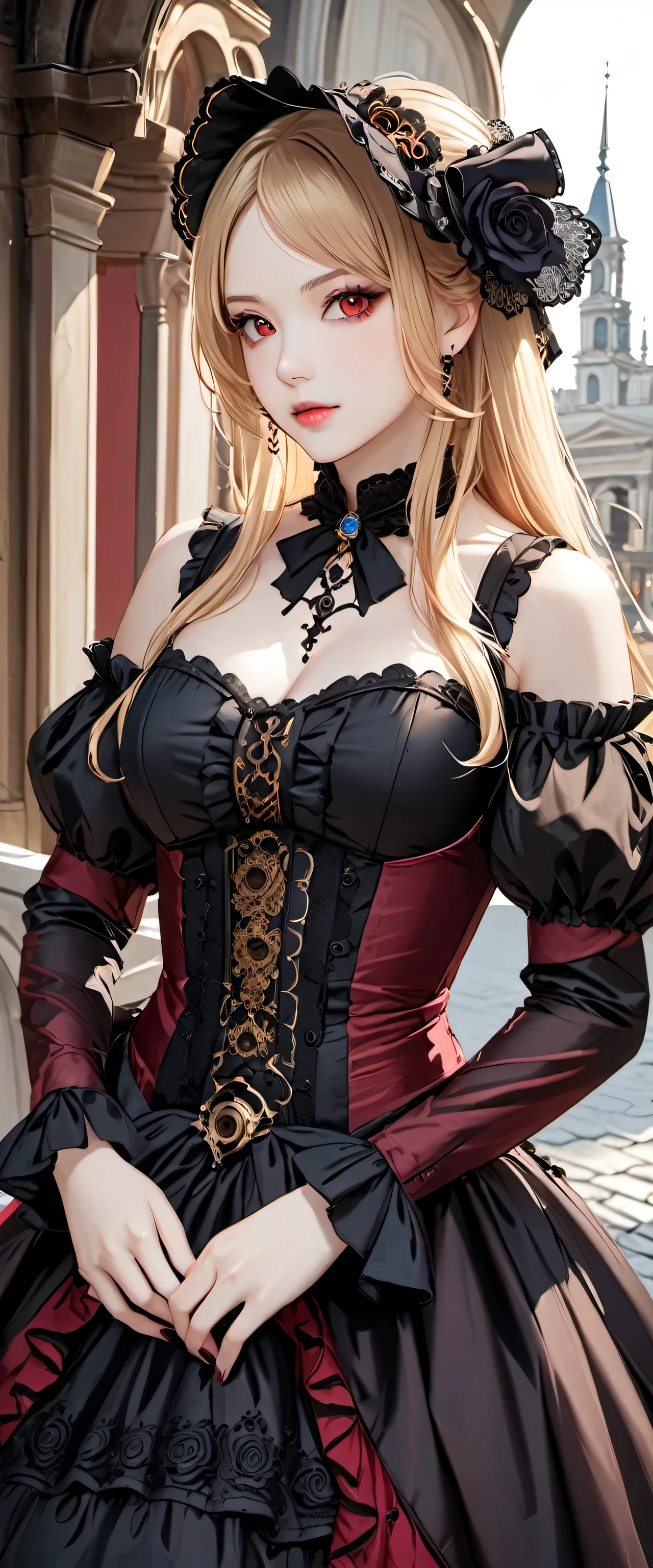 woman wearing dress and boots , baroque dress, wearing a detailed steampunk dress, elegant gothic princess, victorian gothic lolita fashion, historical baroque dress dark, black gothic lolita dress, fantasy style clothing, rococo dress, black rococo,  fantasy costume, wearing a gothic dress, romantic dress, gothic dress,blonde,,(((upper body portrait))),red eyes,city