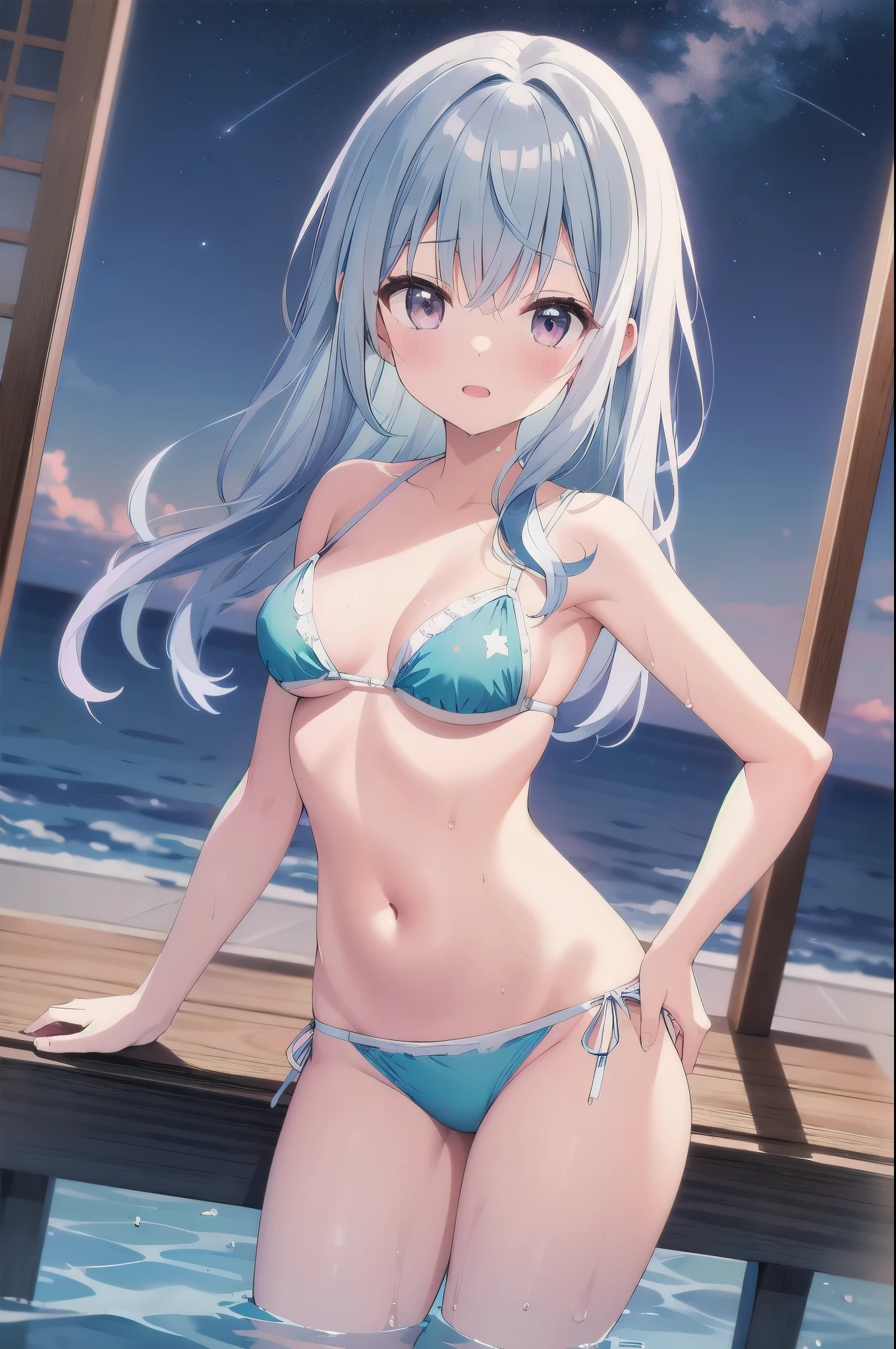 （masterpiece）、(highest quality)、((Super detailed))、(super delicate)、pastel colored hair、beautiful breasts、wet transparent bikini、Sea of night、fantastic starry sky