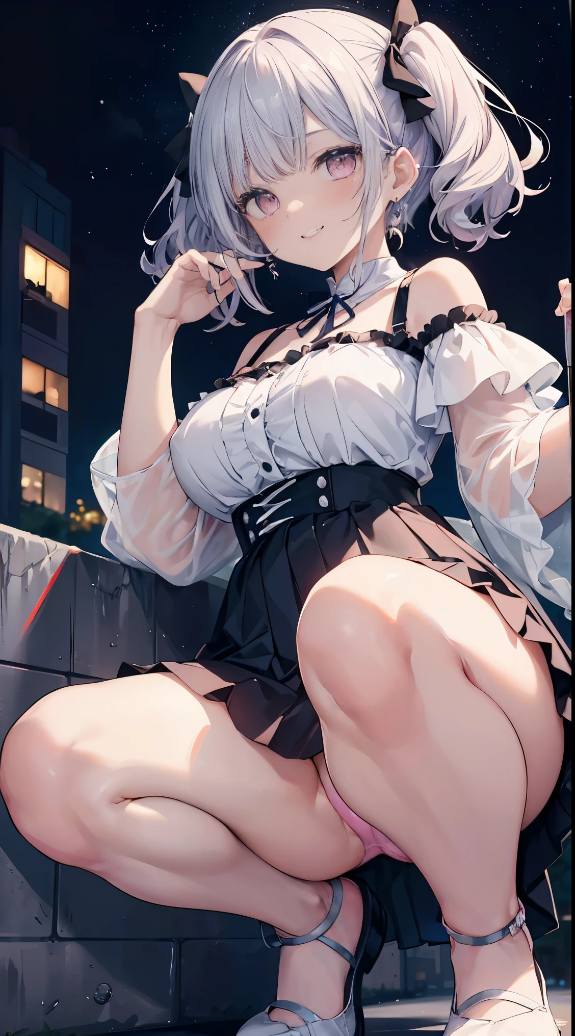 (8K、best image quality、highest quality、masterpiece)、detailed face、1 girl、shiny silver hair、short hair、dull bangs,、twin tails、wavy hair、pink eyes、earrings、grin、Moderate chest、pink frilly clothes、off shoulder、black ribbon、black pleated skirt、mini skirt、white socks、leather shoes、thick bottom、squat、put your hand on your face、((ice blue panties))、shot from below、night downtown background、beautiful curves、Detailed lace lingerie、focus on panties、gorgeous