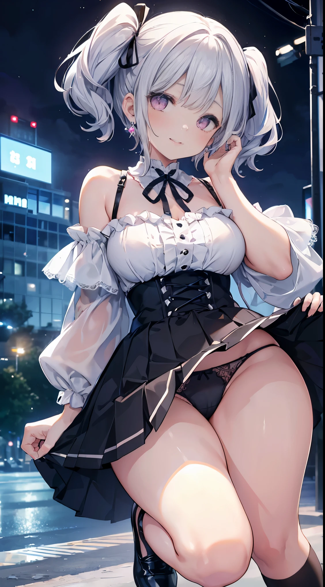 (8K、best image quality、highest quality、masterpiece)、detailed face、1 girl、shiny silver hair、short hair、dull bangs,、twin tails、wavy hair、pink eyes、earrings、grin、Moderate chest、pink frilly clothes、off shoulder、black ribbon、black pleated skirt、mini skirt、white socks、leather shoes、thick bottom、squat、put your hand on your face、((ice blue panties))、shot from below、night downtown background、beautiful curves、Detailed lace lingerie、focus on panties、gorgeous