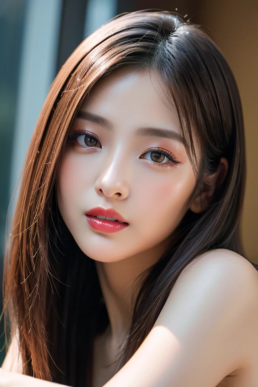 (highest quality、table top、8K、best image quality、Award-winning work)、(one young girl, 14 years old:1.3)、(red eyeshadow:1.2)、perfect makeup、long eyelashes、Super high-definition sparkling eyes、ultra high definition hair、ultra high resolution glossy lips、Super high resolution perfect teeth、Super high resolution cute face、brown hair、(very long straight hair:1.1)、look at me and smile、[clavicle]、accurate anatomy、(close up of face:1.5)、Luxury love hotel、(The most moody warm lighting:1.2)、blurred background、Super high-resolution glossy and moisturized face、Super high resolution glowing skin、most detailed face、Ultra high resolution detailed faces、ultra high resolution hair、Super high resolution sparkling eyes、Beautiful face drawn in every detail、Super high resolution glossy red lips、(((Naked 1.5)))、(((full nude 1.5)))、(((Full body photo 1.5)))、