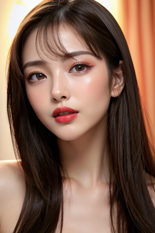 (highest quality、table top、8K、best image quality、Award-winning work)、(one young girl, :1.3)、(red eyeshadow:1.2)、perfect makeup、long eyelashes、Super high-definition sparkling eyes、ultra high definition hair、ultra high resolution glossy lips、Super high resolution perfect teeth、Super high resolution cute face、brown hair、(very long straight hair:1.1)、look at me and smile、[clavicle]、accurate anatomy、(close up of face:1.5)、Luxury love hotel、(The most moody warm lighting:1.2)、blurred background、Super high-resolution glossy and moisturized face、Super high resolution glowing skin、most detailed face、Ultra high resolution detailed faces、ultra high resolution hair、Super high resolution sparkling eyes、Beautiful face drawn in every detail、Super high resolution glossy red lips、(((Naked 1.5)))、(((full nude 1.5)))、(((Full body photo 1.5)))、