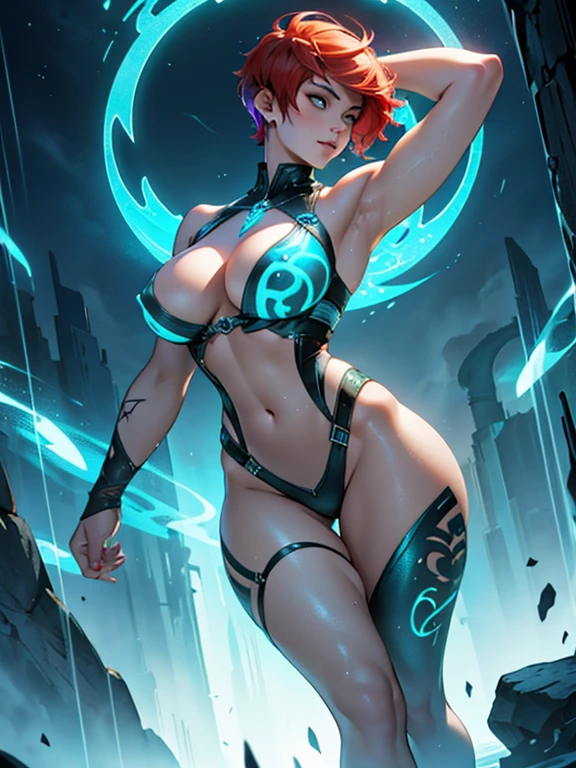1girl, redhead, pixie cut hair (half shaved) beguiling female siren with bioluminescent runic tattoos down her arms and legs, in the style of a fancy Tarot card. curvy, perfect body, massive breasts, transparent clothing, wet, visible nipples:1.1