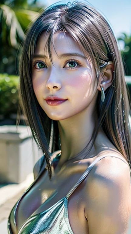 8K、ultra high resolution、realistic、Raw photo, highest quality, masterpiece:1.2、(realistic, photo-realistic:1.37),high contrast, table top, Pull the camera、half body image、elevation angle、look at the camera、 very beautiful and nice、18 year old model girl alone、Eye-catching beauty、Beauty that draws you in、shiny shiny white shiny skin、realistic skin texture:1.2、 best looks、 Silver-gray hair with dazzling highlights、shiny bright hair, thin hair、shiny shiny hair、one eye hair、stick out one ear、delicate hair、platinum short bob hair、 clear and attractive blue eyes、rays of light enter my eyes、double eyelid、fine and beautiful eyes, beautifully detailed nose, natural makeup、small face、With a little smile、 ample breasts、firm bust、healthy clavicle、half up bra、((( outdoor、I can see green in the distance、written boundary depth:1.5、blurry:1.2 )))、