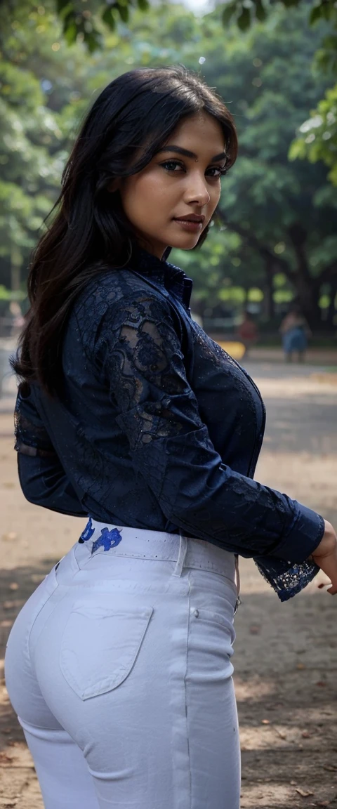 Gorgeous Indian women, Air hostess women, (((wearing a lace (deep blue color shirt :1.3) with lace extremely detailed))), (((wearing a white color jeans))), (((red color skin))), ((dark red lipstick)), (((rearing's))), looking at viewer, ((in the park)), in the outside, beautiful sexy body, large breasts, big waist, thick thighs, alluring body, ((good proportion)), seducing, realistic background, pose, chubby Air hostess women,