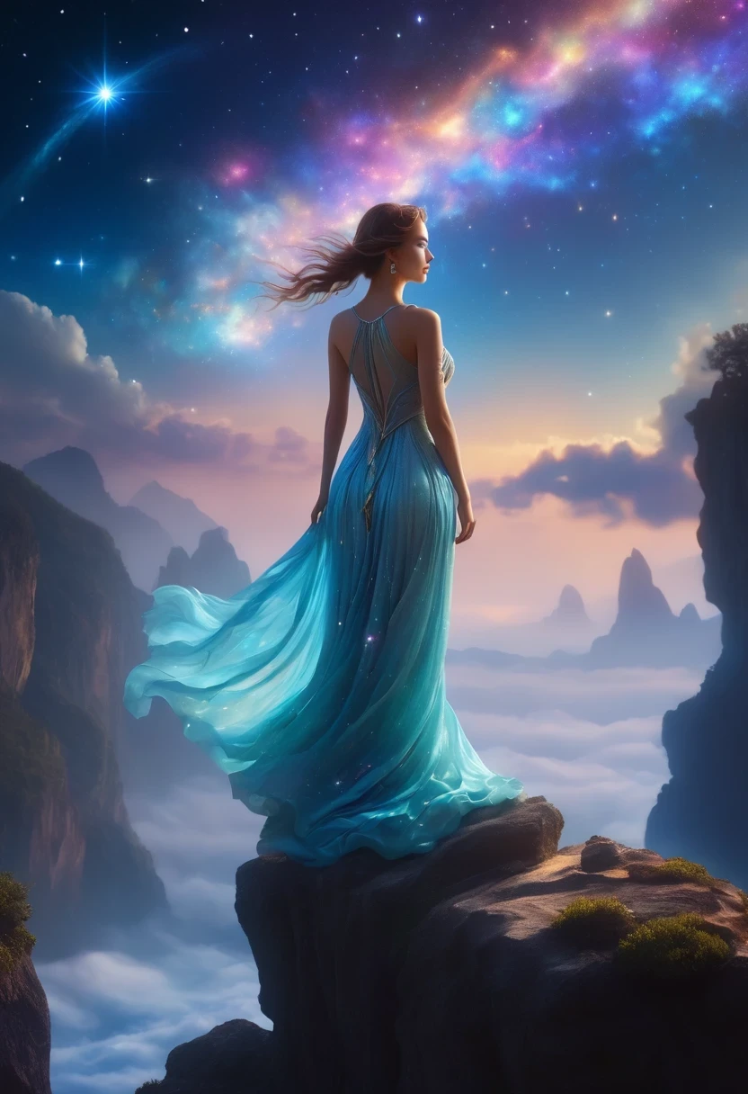 1 girl, (3D sculpture,A woman in a long dress stands on a cliff looking at the stars, space goddess, galaxy goddess, goddess in heaven, Astral ethereal, Dreamy, Beautiful celestial mage, beautiful fantasy painting, beautiful fantasy art, Ethereal fantasy, very beautiful fantasy art, digital art fantasy, Charming and otherworldly, fantasy beauty, Beautiful Art Ultra HD 4K Presented by Octane,Volumetric light,natural soft light,), (Super exquisite:1.2, Loss of focus:1.2, Very colorful, Cinema lighting, chiaroscuro,Ray tracing), masterpiece, super rich,super detailed,8K, 3ddianshang\(style\)