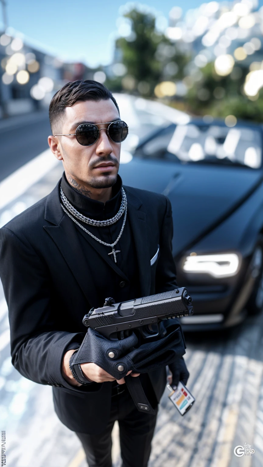 homem arafiado de terno segurando uma arma na frente de um carro, Anton Fadeev 8K, com pistola, sakuga mad tiroteio, foto de retrato 8k, capanga de rua cyberpunk, tiroteio, sakuga tiroteio, estilo gta 6, inspirado em Hedi Xandt, Arte conceitual como Ernest Khalimov, look e roupas techwear