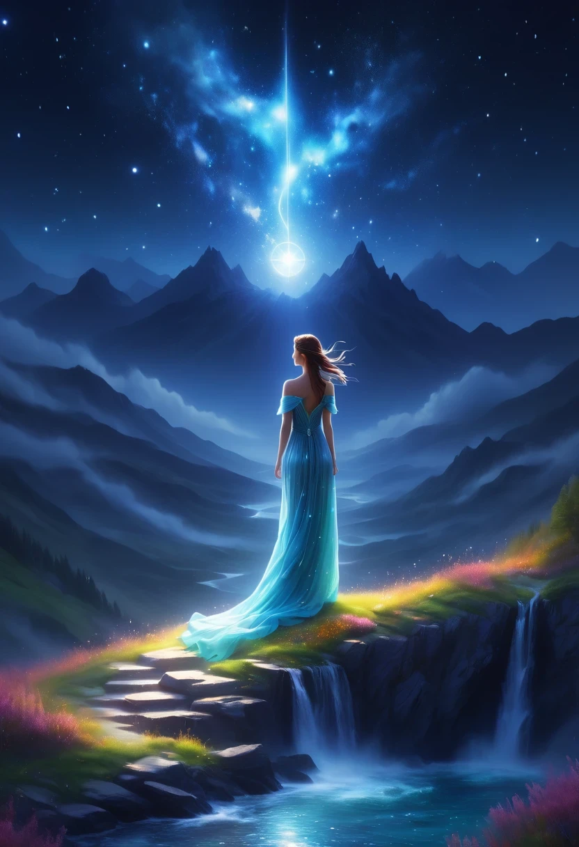 1 girl, (3D sculpture,A woman in a long dress stands on a cliff looking at the stars, space goddess, galaxy goddess, goddess in heaven, Astral ethereal, Dreamy, Beautiful celestial mage, beautiful fantasy painting, beautiful fantasy art, Ethereal fantasy, very beautiful fantasy art, digital art fantasy, Charming and otherworldly, fantasy beauty, Beautiful Art Ultra HD 4K Presented by Octane,Volumetric light,natural soft light,), (Super exquisite:1.2, Loss of focus:1.2, Very colorful, Cinema lighting, chiaroscuro,Ray tracing), masterpiece, super rich,super detailed,8K, 3ddianshang\(style\)