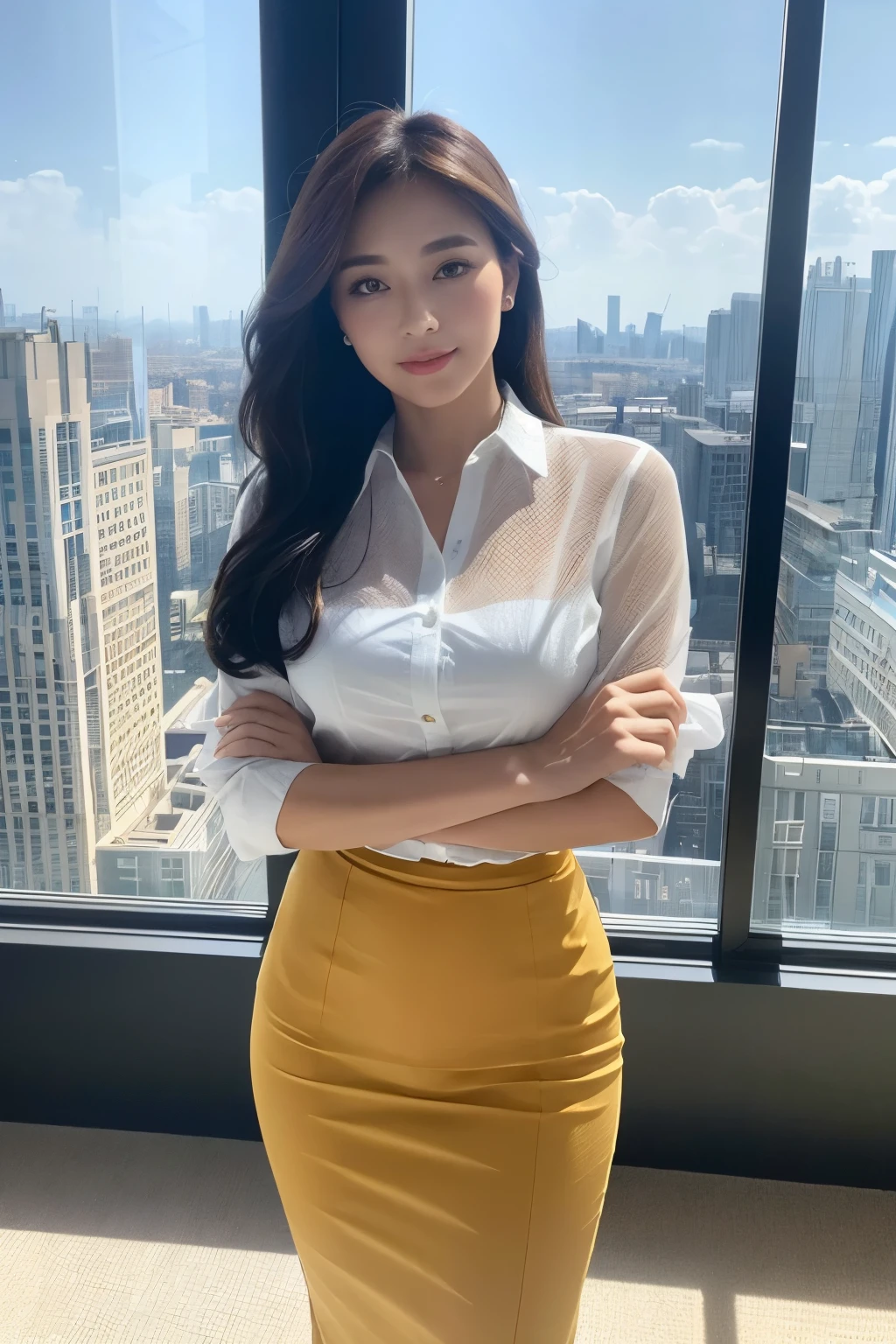 ((Masterpiece :1.3, best quality, 8k)), A 40-year-old woman, standing confidently on the 30th floor of a towering office building, gazes out at the breathtaking city skyline. Her figure, despite aging, is still elegantly slender, accentuated by her tailored blouse and fitted pencil skirt. Her expressive, deep-set eyes are framed by seductive winged eyeliner, as she peers intently at the stunning view before her. With a delicate smile playing upon her lips, she leans against the cool glass window, her lithe arms crossed demurely in front of her, the sunlight streaming in and