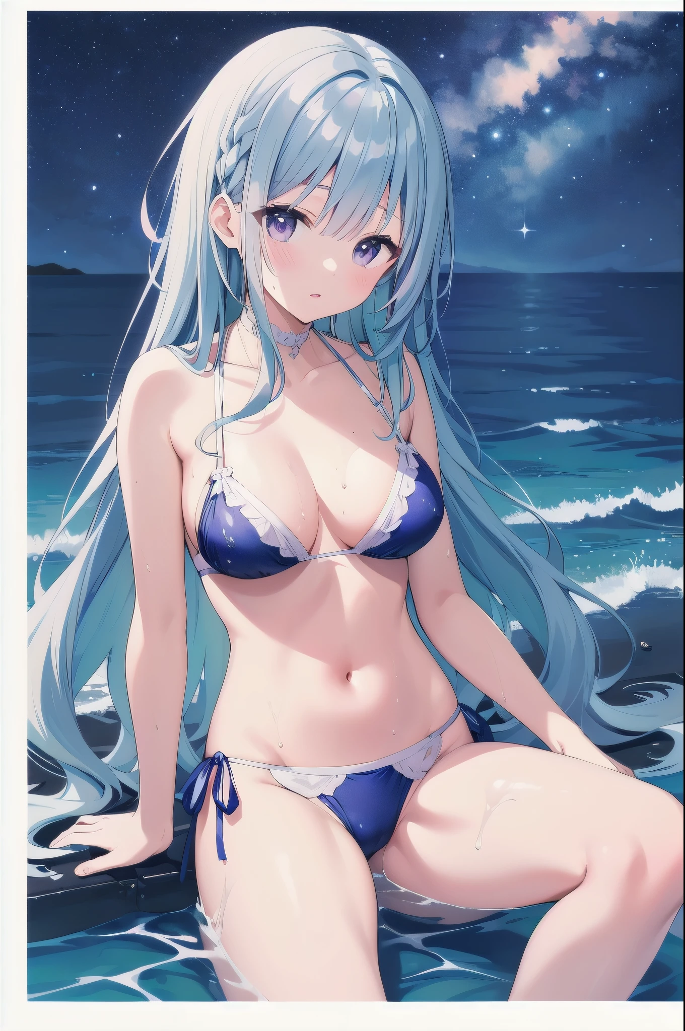 （masterpiece）、(highest quality)、((Super detailed))、(super delicate)、pastel colored hair、beautiful breasts、wet transparent bikini、Sea of night、fantastic starry sky