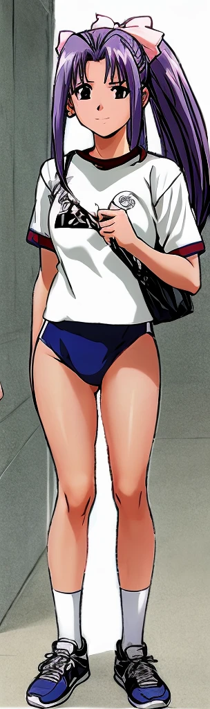 Momoko Koigakubo, who is tall and has beautiful legs, is wearing white gym clothes and bright blue panty-shaped bloomers, smiling and standing with her legs spread to the side and her mouth open.。Doing Comanechi pose。