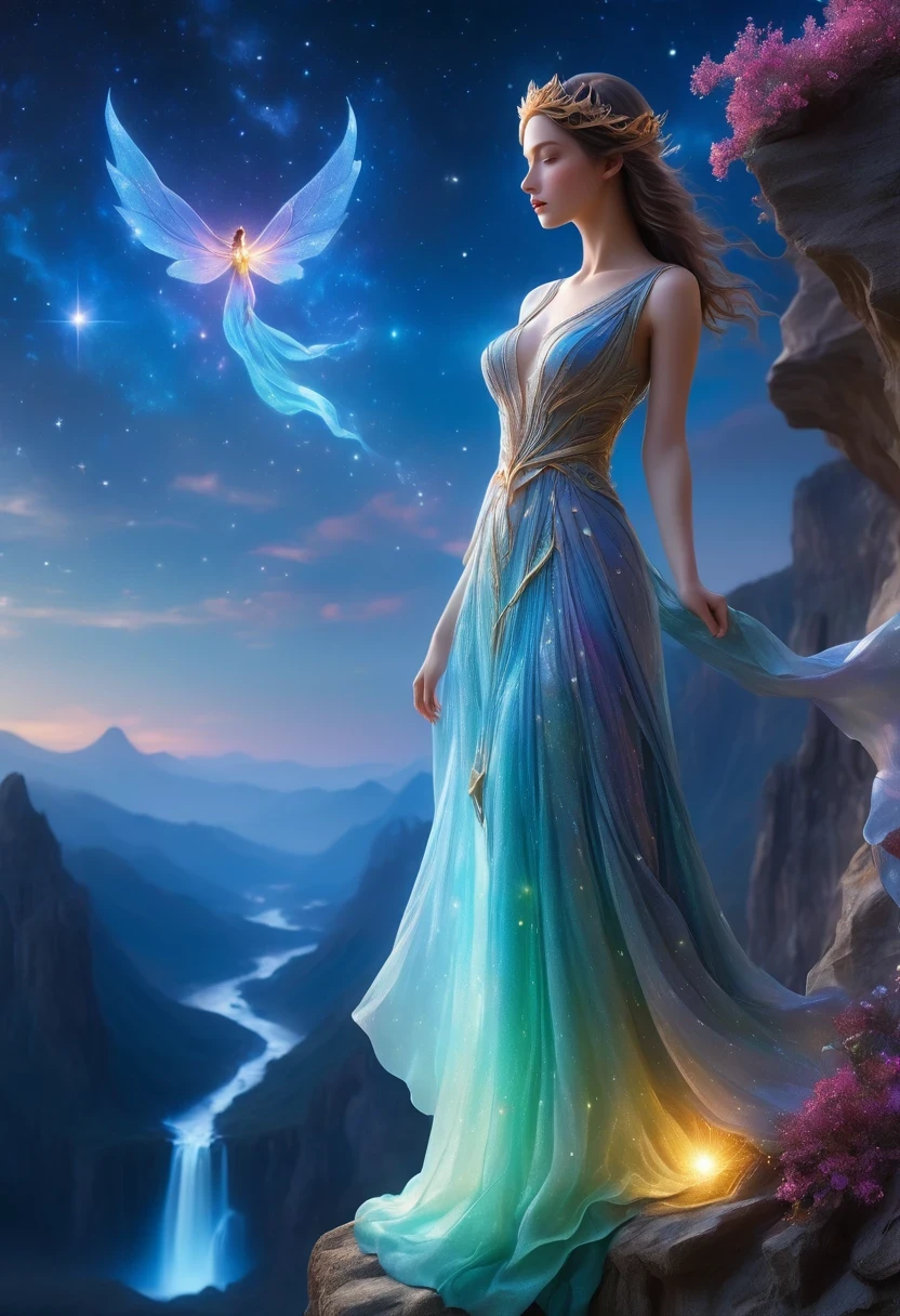 1 girl, (3D sculpture,A woman in a long dress stands on a cliff looking at the stars, space goddess, galaxy goddess, goddess in heaven, Astral ethereal, Dreamy, Beautiful celestial mage, beautiful fantasy painting, beautiful fantasy art, Ethereal fantasy, very beautiful fantasy art, digital art fantasy, Charming and otherworldly, fantasy beauty, Beautiful Art Ultra HD 4K Presented by Octane,Volumetric light,natural soft light,), (Super exquisite:1.2, Loss of focus:1.2, Very colorful, Cinema lighting, chiaroscuro,Ray tracing), masterpiece, super rich,super detailed,8K, 3ddianshang\(style\)
