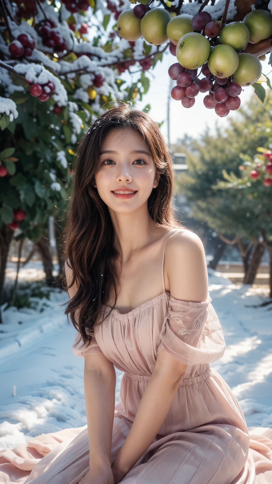 8k, masterpiece, RAW photo, best quality, photorealistic, extremely detailed CG unity 8k wallpaper, Depth of field, Cinematic Light, Lens Flare, Ray tracing, (extremely beautiful face, beautiful lips, beautiful eyes), intricate detail face, ((ultra detailed skin)) 1girl, in the dark, deep shadow, pretty Asian girl, idol, 1 girl, (very slim slender fit-muscled body:1.3), ((looking at viewer)),((big smile:1.3)), Women Summer Buffing Sleeve Off Shoulder Mini Dress a Line Flowy Swing Dress, Pink Dress, verde claro, cetim, Este, vestido de cetim, organza silk, ((Standing in front of Guava Fruits trees)), ((too many Guava Fruits in trees)), ((Perfect yellow Guava Fruits)), ((Rose trees)), ((pine trees)), ((Snow Fall)), ((Snow Fall on fruits)), ((snow fall on trees)), ((Apple Orchards)), ((Grape orchards)), Sitting, 