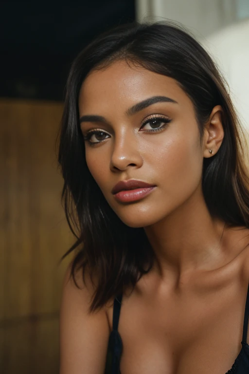 (Tout le corps, editorial photography of'une femme de 21 ans), araffed woman in a soutien gorge noir top posing for a picture, Violette Myers, dark complexion, Portrait de Sophie Mudd, attractive lady, Jeune femme noire, dans un soutien-gorge noir, soutien gorge noir, magnifique visage latina, photo d'une femme noire, photo d'une belle femme, jeune femme noire, peau d'olive, elle a la peau brun olive,, (very detailed face:1.4) (sourire:0.7) (background to the'interior of the'darkness, lunatique, private study:1.VO, par Lee Jeffries, Nikon D850, photographie de pellicule ,4 Kodak Portra 400 ,f1 camera.6 lentilles ,couleurs riches ,hyper realistic ,Realistic texture, dramatic lighting , cinéstill 800,