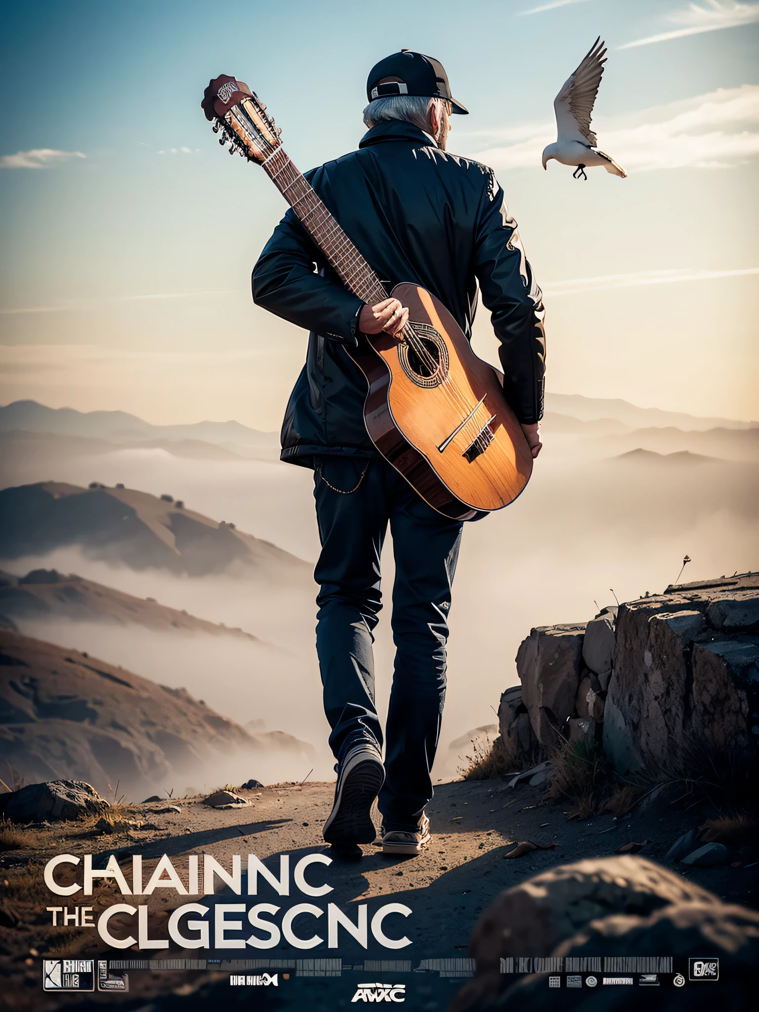 Movie poster style, in the distance you can see the full body of a 65-year-old man with a classical guitar, dressed in full-length autumn clothing walking forward looking at the camera, climbing a hillside, wearing a black baseball cap, glasses. short white hair and short white beard, ((he carries a classical guitar hanging on his back)). Behind the man is a blurry figure of a huge white bird taking flight in the fog. In the background, a dystopian and destroyed desert city. High definition, realistic, intricate details, 32k. Cinematographic poster.