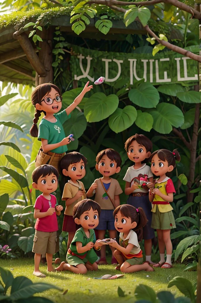 In the heart of a dense, verdant jungle, a group of six children stood together. The vibrant hues of the foliage around them contrasted against the bright colors of their clothes. They were huddled around a wooden banner, each placing their small hands on it with determination.
The banner was adorned with colorful cartoons and had bold letters that spelled out a powerful message. The children, with their faces filled with happiness, looked ahead with bright eyes
One of the older children, a girl with braided hair, spoke first, "We are the guardians of the jungle, and we stand united to protect our home!"
A boy with glasses and freckles chimed in, "We believe in a future where humans and nature coexist peacefully."
Another girl, with a ponytail, added, "This jungle is not just trees and animals; it's our heritage, our treasure."
The children took turns sharing their thoughts and hopes for the jungle's future.
