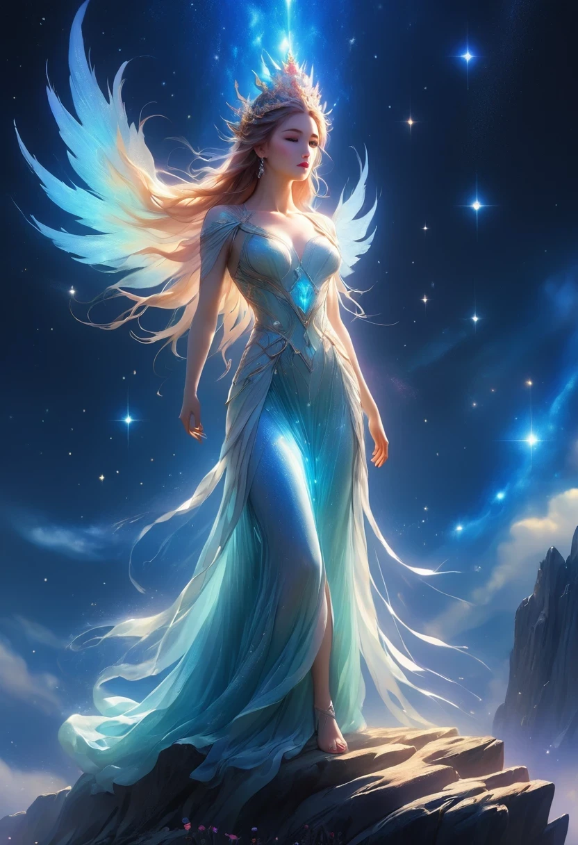 1 girl, (3D sculpture,A woman in a long dress stands on a cliff looking at the stars, space goddess, galaxy goddess, goddess in heaven, Astral ethereal, Dreamy, Beautiful celestial mage, beautiful fantasy painting, beautiful fantasy art, Ethereal fantasy, very beautiful fantasy art, digital art fantasy, Charming and otherworldly, fantasy beauty, Beautiful Art Ultra HD 4K Presented by Octane,Volumetric light,natural soft light,), (Super exquisite:1.2, Loss of focus:1.2, Very colorful, Cinema lighting, chiaroscuro,Ray tracing), masterpiece, super rich,super detailed,8K, 3ddianshang\(style\)