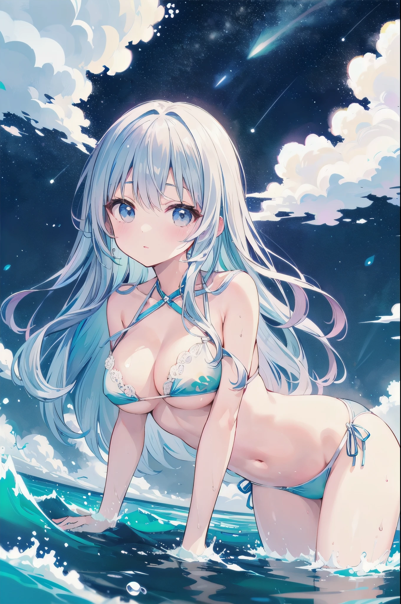 (masterpiece)、(highest quality)、((Super detailed))、(super delicate)、pastel colored hair、beautiful breasts、wet transparent bikini、Sea of night、fantastic starry sky