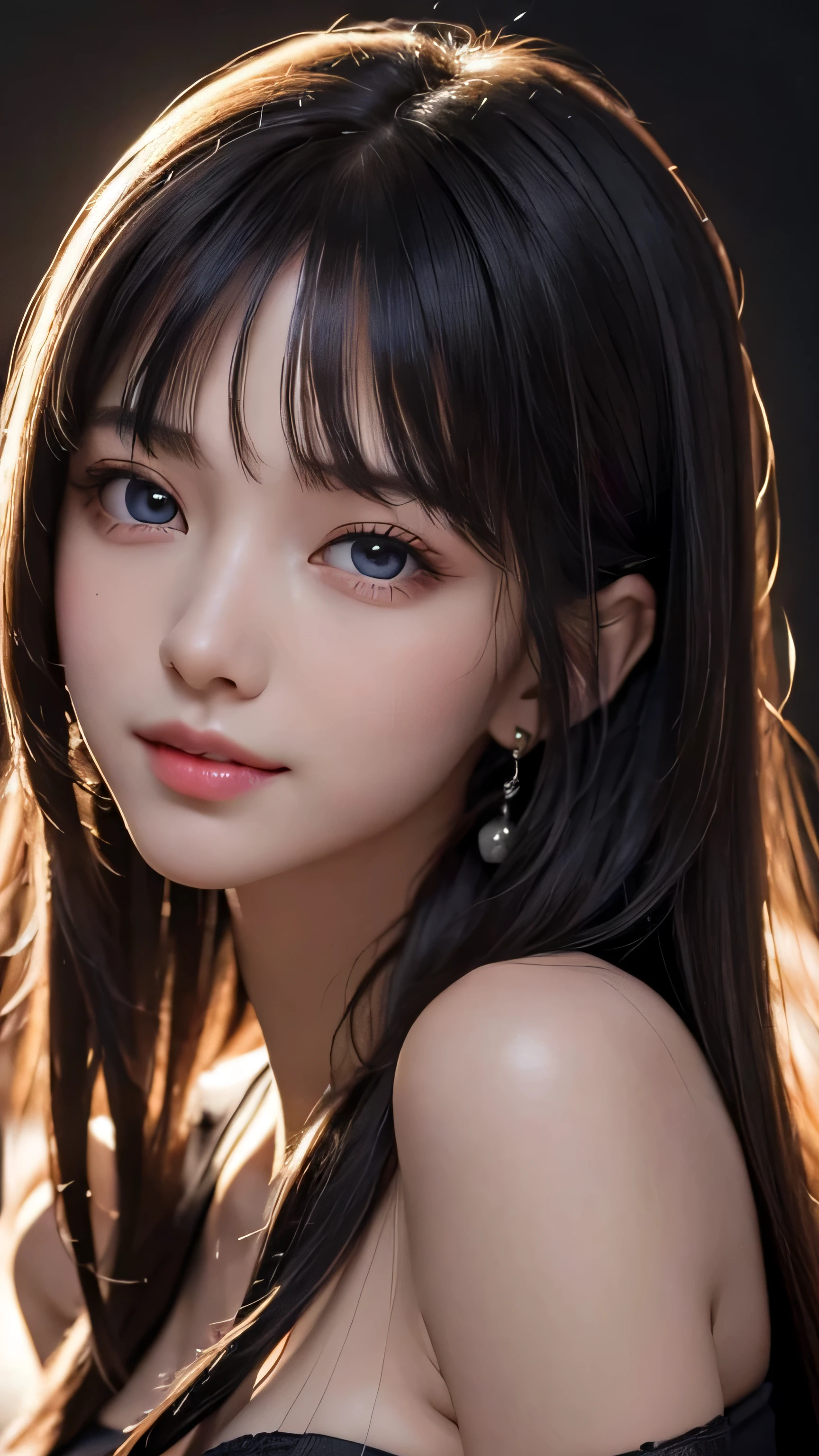 (surreal),  (Improved resolution), (8K), (very detailed), (best figure), (beautiful and detailed eyes), (highest quality), (super detailed), (masterpiece ), ( wallpaper), (detailed face), alone, 1 girl, looking at the viewer, small details, detailed face, in the dark, deep shadow, discreet key, Pure erotic face ace_V1, smile, long hair, black shawl straight hair , 46 point diagonal bangs