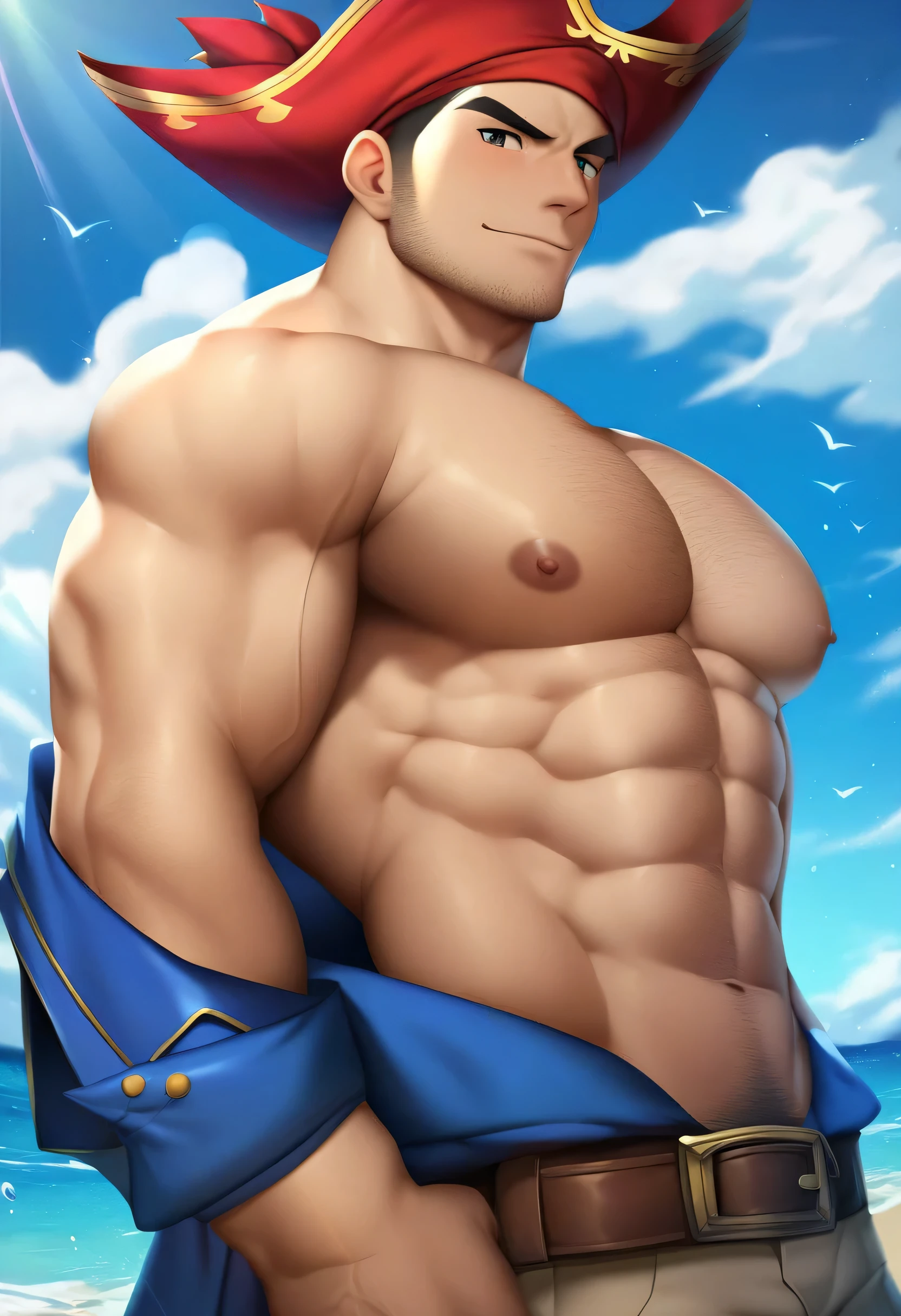 score_9, score_8_up, score_7_up, score_6_up, score_5_up, score_4_up, male focus, source_anime, bara, grimace, vector_art, (flat 2d:1.2), pirate, sea, shirtless, stubble, sleeveless blue jacket, closed_mouth