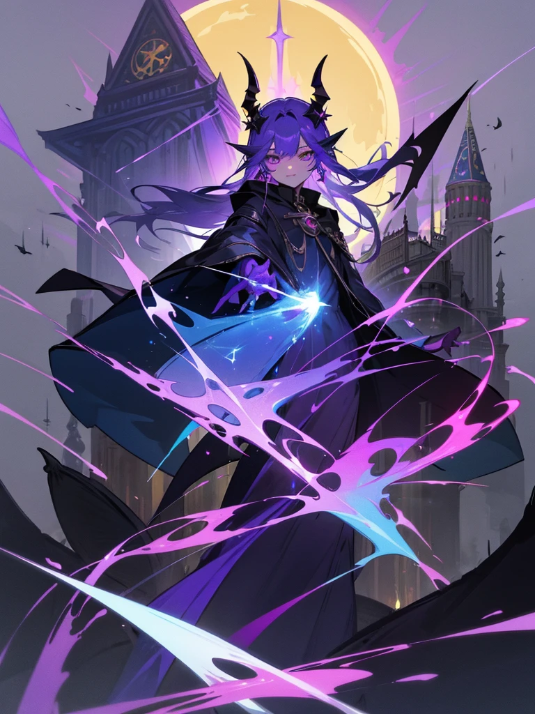 Inner color mesh purple、two tone color、Thunder properties、book of magic、wizard、golden eyes、evil eye、My eyes are sparkling、horn、devil、ear piercing、coat、midnight、bellflower flower、building、Thunder magic、Crescent Moon、dragon、witch