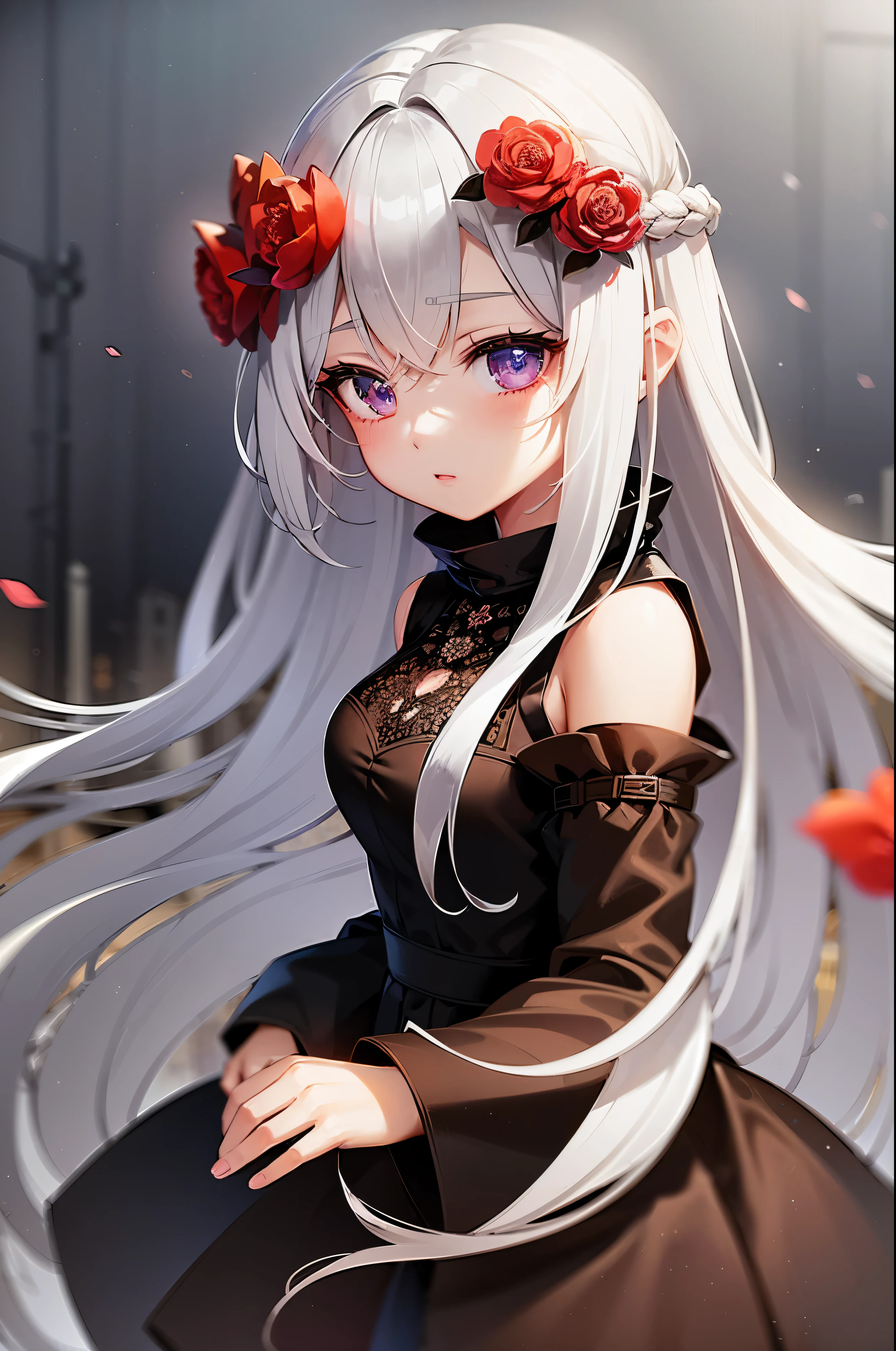 1girl,solo,1girl,solo,((beautiful detailed eyes)), (detailed light),depth of field,(white hair),silver eyes,hair over one eye,(red flower ), hair flower,long hair,black cloak,wet,emotionless,looking back,night,starfall,raining,fog,red flowers falling,sketch,upper body,intense shadows,