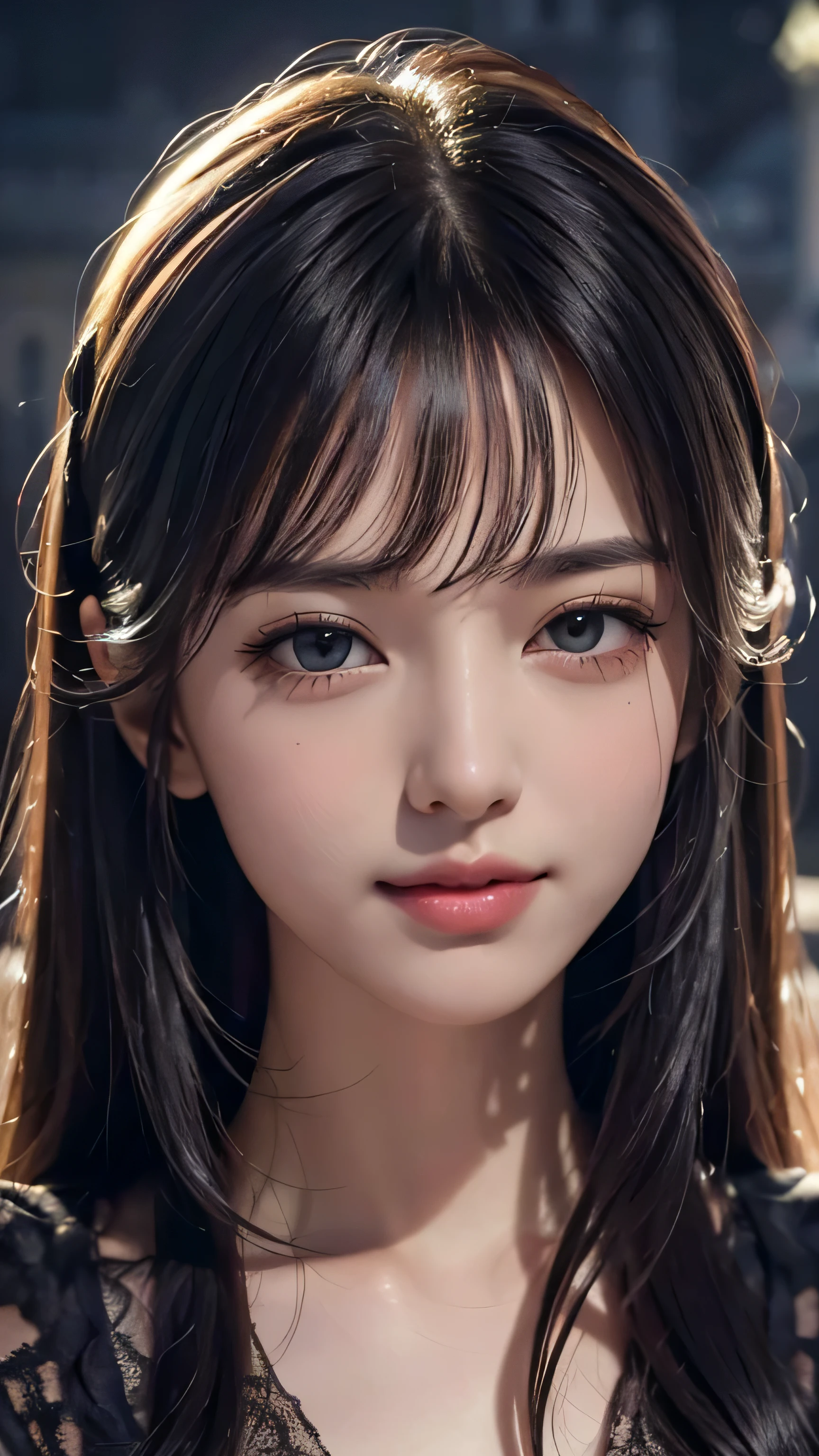 (surreal),  (Improved resolution), (8K), (very detailed), (best figure), (beautiful and detailed eyes), (highest quality), (super detailed), (masterpiece ), ( wallpaper), (detailed face), alone, 1 girl, looking at the viewer, small details, detailed face, in the dark, deep shadow, discreet key, Pure erotic face ace_V1, smile, long hair, black shawl straight hair , 46 point diagonal bangs,(An old European castle is hazy in the background.),