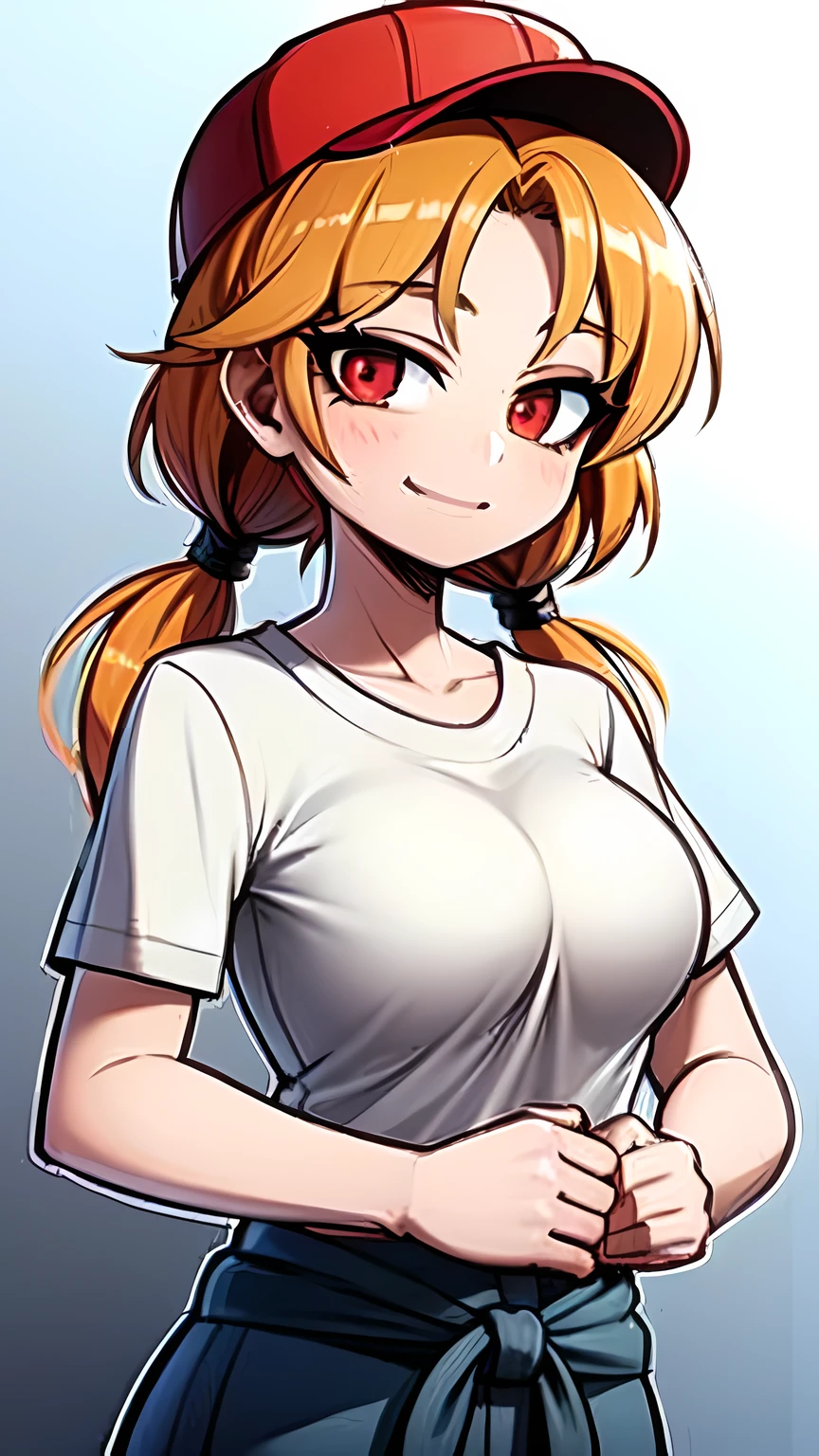 1girl,solo,upper body,looking at viewer,facing viewer,low twintails,orange hair,red eyes,parted bangs,hair pulled back,solid outline,smile,brown baseball cap,sweater around waist
