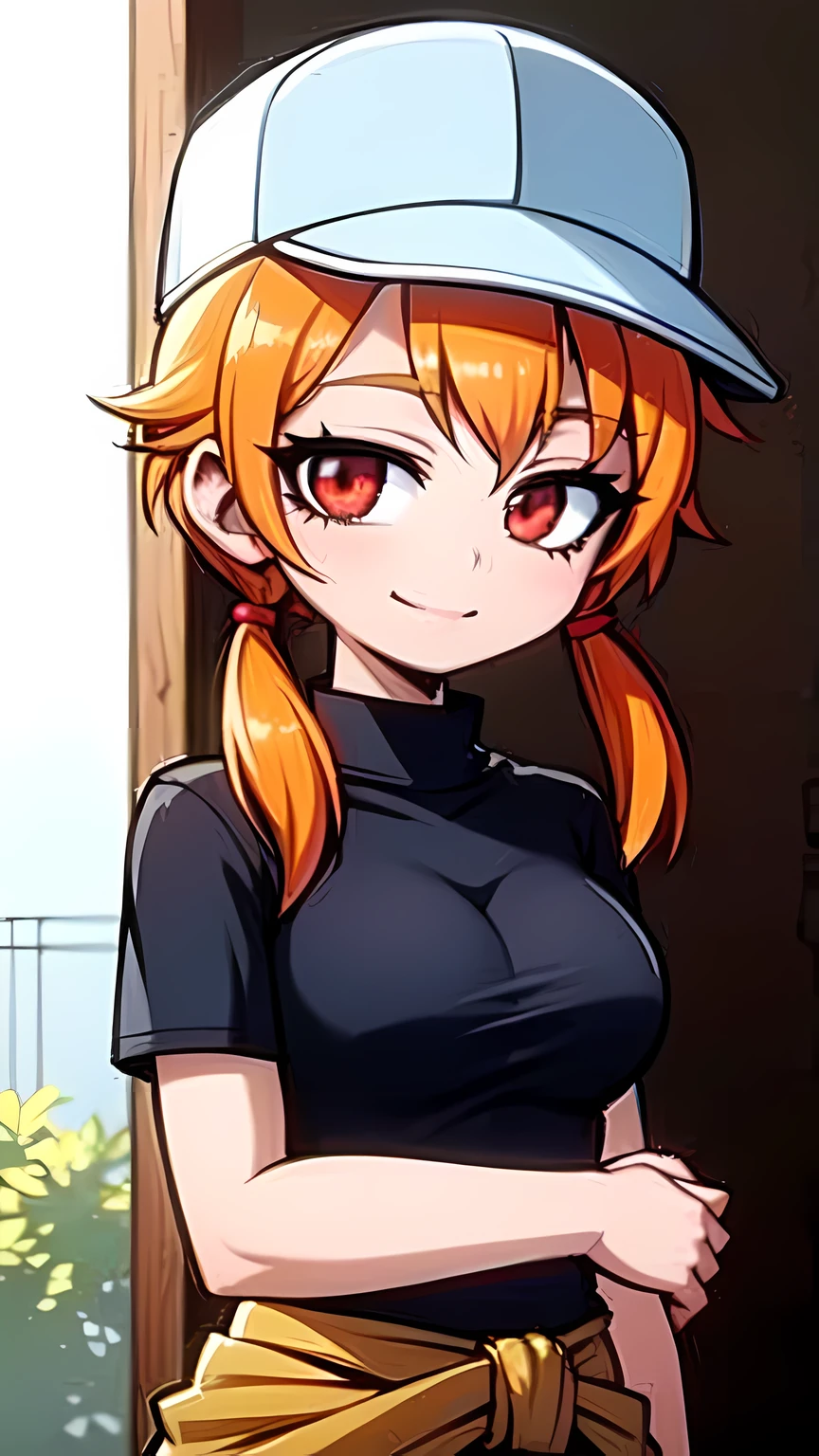 1girl,solo,upper body,looking at viewer,facing viewer,low twintails,orange hair,red eyes,parted bangs,hair pulled back,solid outline,smile,brown baseball cap,sweater around waist