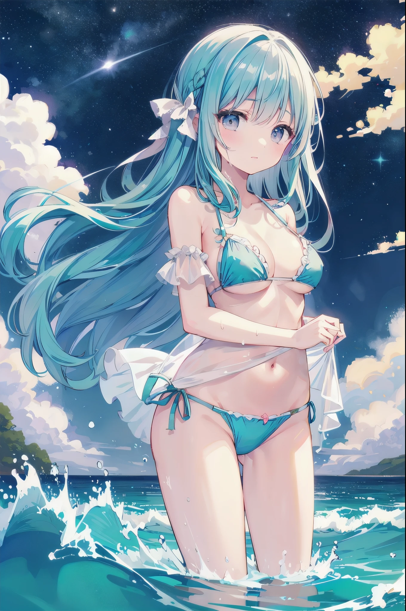 (masterpiece)、(highest quality)、((Super detailed))、(super delicate)、pastel colored hair、beautiful breasts、wet transparent bikini、Sea of night、fantastic starry sky