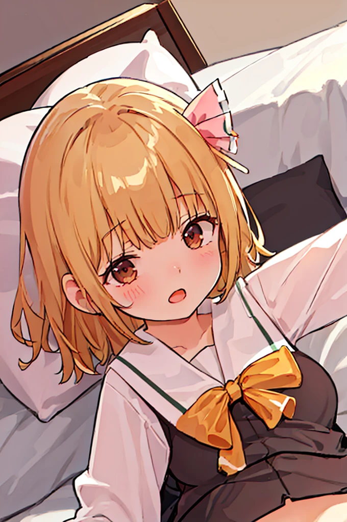 (((pnkserafuku))), best quality,ultra detail, 1girl, chibi, rumia_touhou, ((shiny hair)),((shiny glossy hair)), floating air blonde_hair, ribbon, short_hair, hair_ribbon, vest, open_mouth, red_ribbon,facing viewer, (((spread legs onbed))),(((vaginal,sex))),(((cum in pussy))),(((from above))), (((lying on bed))),(((white bed sheet))),(((lie on the pillow))),(((perfect anatomy))),(masterpiece:1.0),(Highest_quality:1.0),detailed,highly detailed,ultra detailed,extremely detailed CG,super high resolution,4k,super detailed, photograph,high resolution,8K,HDR,Highly detailed CG Unity 8k wallpaper,super detailed skin,detailed beautiful eyes,detailed beautiful face,detailed beautiful face and eyes,very detailed background,perfect,lighting,colorful, bright_front_face_lighting,shiny skin,(highly detailed background),looking at the viewer,(Focus on her face), solo, upper body, looking at viewer, upper angle, (blond), perfect quality, good quality, masterpiece, HDR, UHD missionary position,masterpiece,best quality,detailed,highly detailed,ultra detailed,extremely detailed CG,high resolution,8K,super detailed skin, ((detailed beautiful eyes)),detailed beautiful face,detailed beautiful face and eyes,very detailed background,highly detailed background,(front view),((super big breasts)),looking at viewer,The girl&#39;s breasts aren&#39;t exposed at all., You can clearly see that she has very large breasts.,((kawaii)),((orgasm face)),