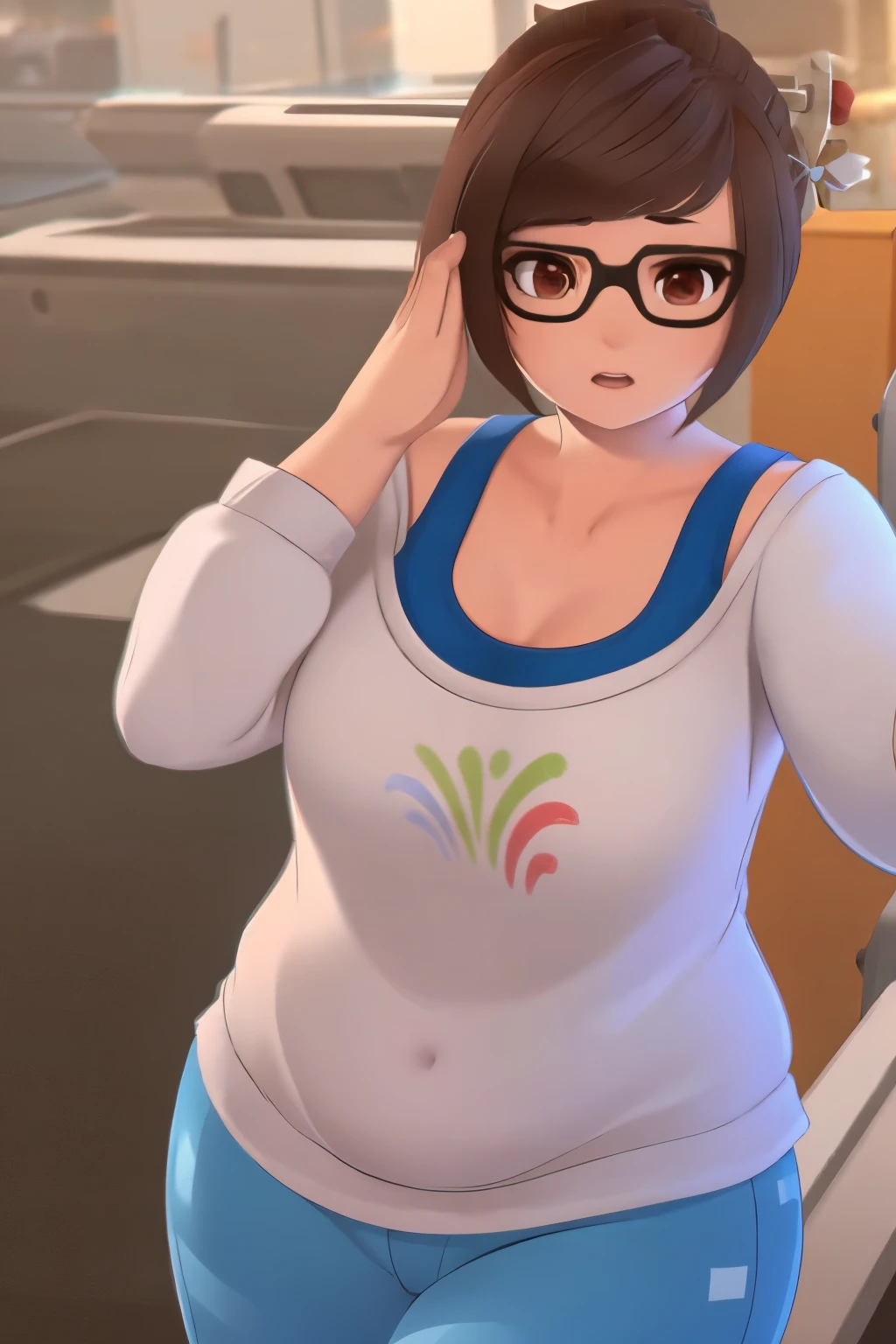 Short hair girl, overwatch mei, chubby, glasses, casual clothes, highest quality, 4k, fat thighs, fat belly, 