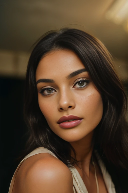 (Tout le corps, editorial photography of'une femme de 21 ans), araffed woman in a robe blancche top posing for a picture, Violette Myers, dark complexion, Portrait de Sophie Mudd, attractive lady, Jeune femme noire, dans un soutien-gorge noir, soutien gorge noir, magnifique visage latina, photo d'une femme noire, photo d'une belle femme, jeune femme noire, peau d'olive, elle a la peau brun olive,, (very detailed face:1.4) (sourire:0.7) (background to the'interior of the'darkness, lunatique, private study:1.VO, par Lee Jeffries, Nikon D850, photographie de pellicule ,4 Kodak Portra 400 ,f1 camera.6 lentilles ,couleurs riches ,hyper realistic ,Realistic texture, dramatic lighting , cinéstill 800,