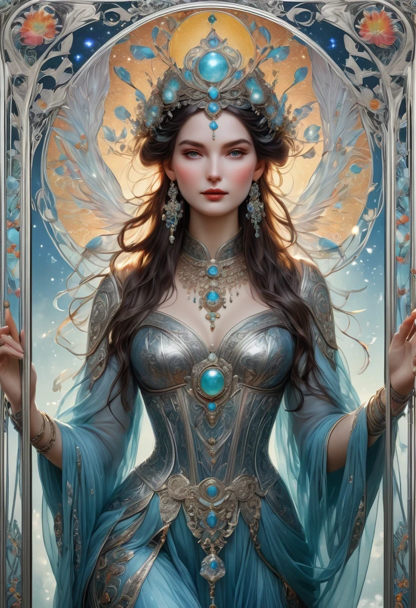 (masterpiece, best quality, 8K, high resolution, actual, detailed), tarot cards, queen pattern, Silver card frame with gemstones, fantasy art, fair, aesthetics, , Alphonse Mucha style,