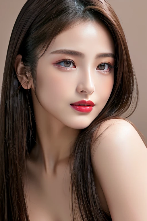 (highest quality、table top、8K、best image quality、Award-winning work)、(one young girl, 14 years old:1.3)、(red eyeshadow:1.2)、perfect makeup、long eyelashes、Super high-definition sparkling eyes、ultra high definition hair、ultra high resolution glossy lips、Super high resolution perfect teeth、Super high resolution cute face、brown hair、(very long straight hair:1.1)、look at me and smile、[clavicle]、accurate anatomy、(close up of face:1.5)、Luxury love hotel、(The most moody warm lighting:1.2)、blurred background、Super high-resolution glossy and moisturized face、Super high resolution glowing skin、most detailed face、Ultra high resolution detailed faces、ultra high resolution hair、Super high resolution sparkling eyes、Beautiful face drawn in every detail、Super high resolution glossy red lips、(((Naked 1.5)))、(((full nude 1.5)))、(((Full body photo 1.5)))、