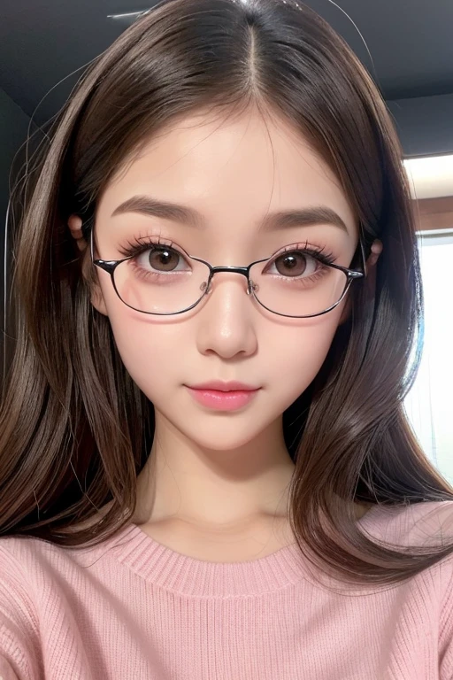 realisticlying、 girl、Super close-up looking up from below、Breasts enlarged、Wear a cropped baby pink sweater emphasizes the lower breasts、Wear white see through shorts、Slightly thicker emphasis on thighs、Wearing glasses、Versatile sexy poses、Tokyo on Christmas Night、Face smile、Face Real egyo sal. Black big irises. Thick black eye lashes. Big expressive innocent eyes. Pink blush on face. Small face. Narrow chin. Small plump pink lips. Tiny pink tinted nose. Upturned nose. Down turned eyes. Black doe eyes. Wavy brown long hair. Straight thick brown eyebrows. Pale almost white skin. Narrow dainty shoulders. B cup breasts. Slim smooth waist.