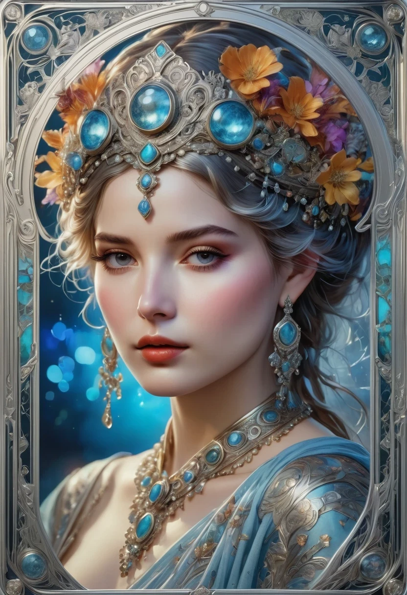 (masterpiece, best quality, 8K, high resolution, actual, detailed), tarot cards, queen pattern, Silver card frame with gemstones, fantasy art, fair, aesthetics, , Alphonse Mucha style,