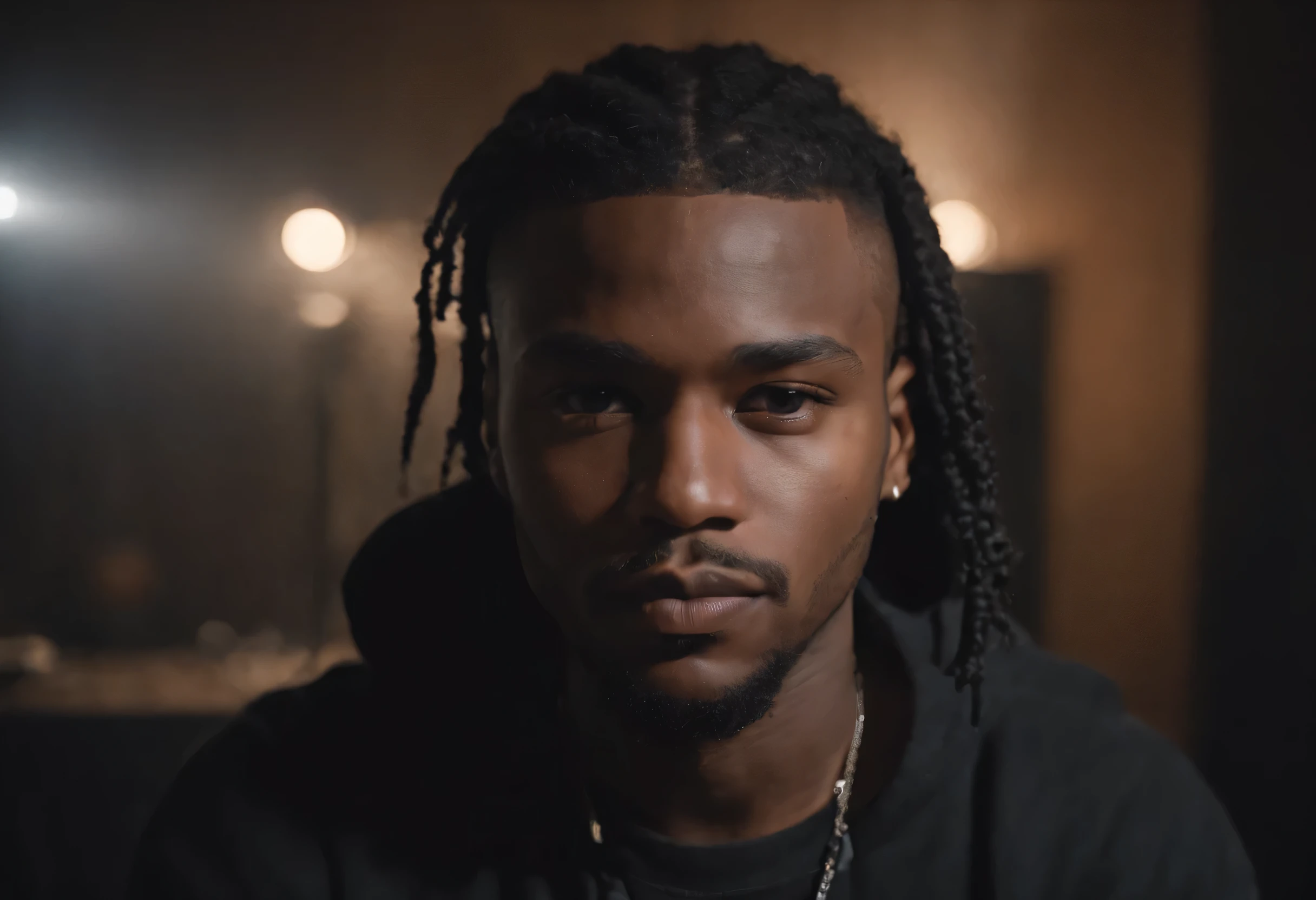 negro rapper, short curly hair, Directly facing the camera, in a dark room, fermer