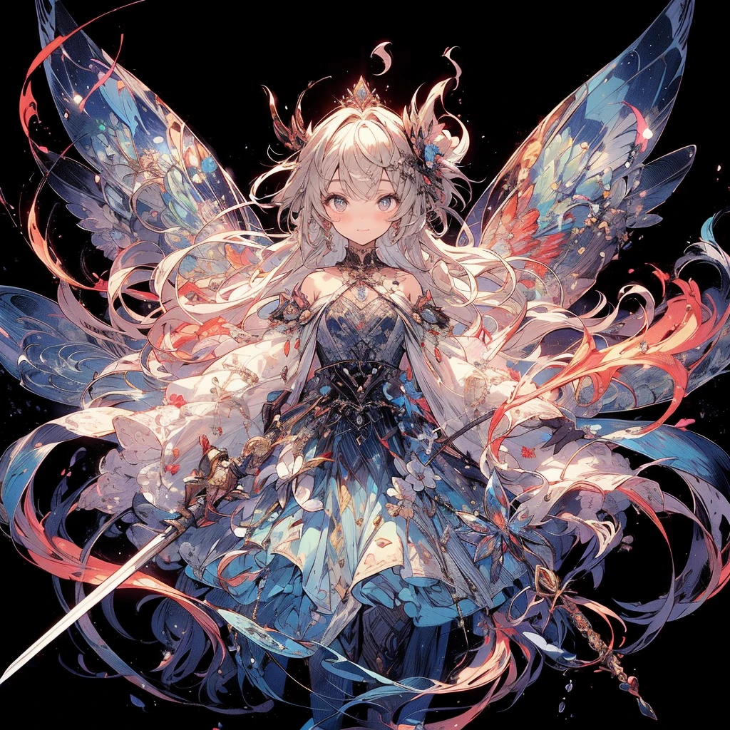 (exquisite, beautiful, very detailed, masterpiece, high quality,High resolution),(soft thin lines:1.2, beautiful and delicate face),In the darkness, a fairy princess knight holds a sword wrapped in flame magic and looks at me.,body whole,from a little far away,butterfly-like fairy wings, The fire is rising,((A red dress with a flame motif,lace and jewels and frills)),(The ends of her hair look like flames,The ends of the hair shine),(earrings,beautifulチョーカー,Gold ankles),(deep pink cheeks,plump pink lips,Fair skin, slim), (serious,battle scene,fantasy),Mature,