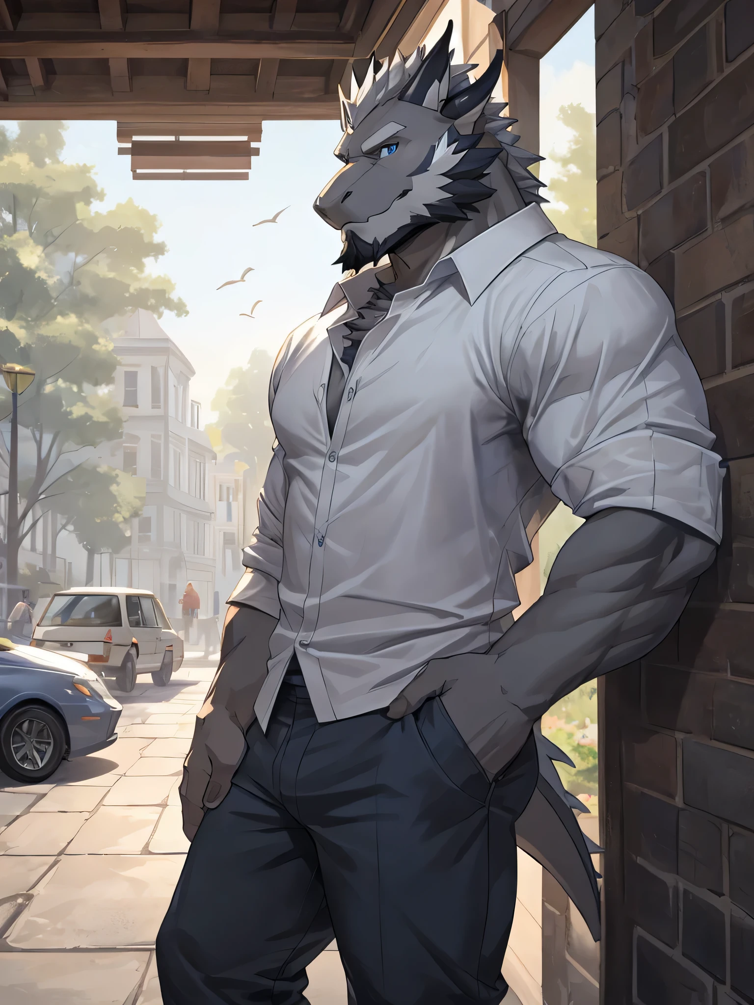 masterpiece, alone, Furry gray dragon, aldult, gray fur, Gray beard, blue eyes, gray short hair, muscular body, nice, Handsome, fiercely, casual shirt, casual pants, cool pose.