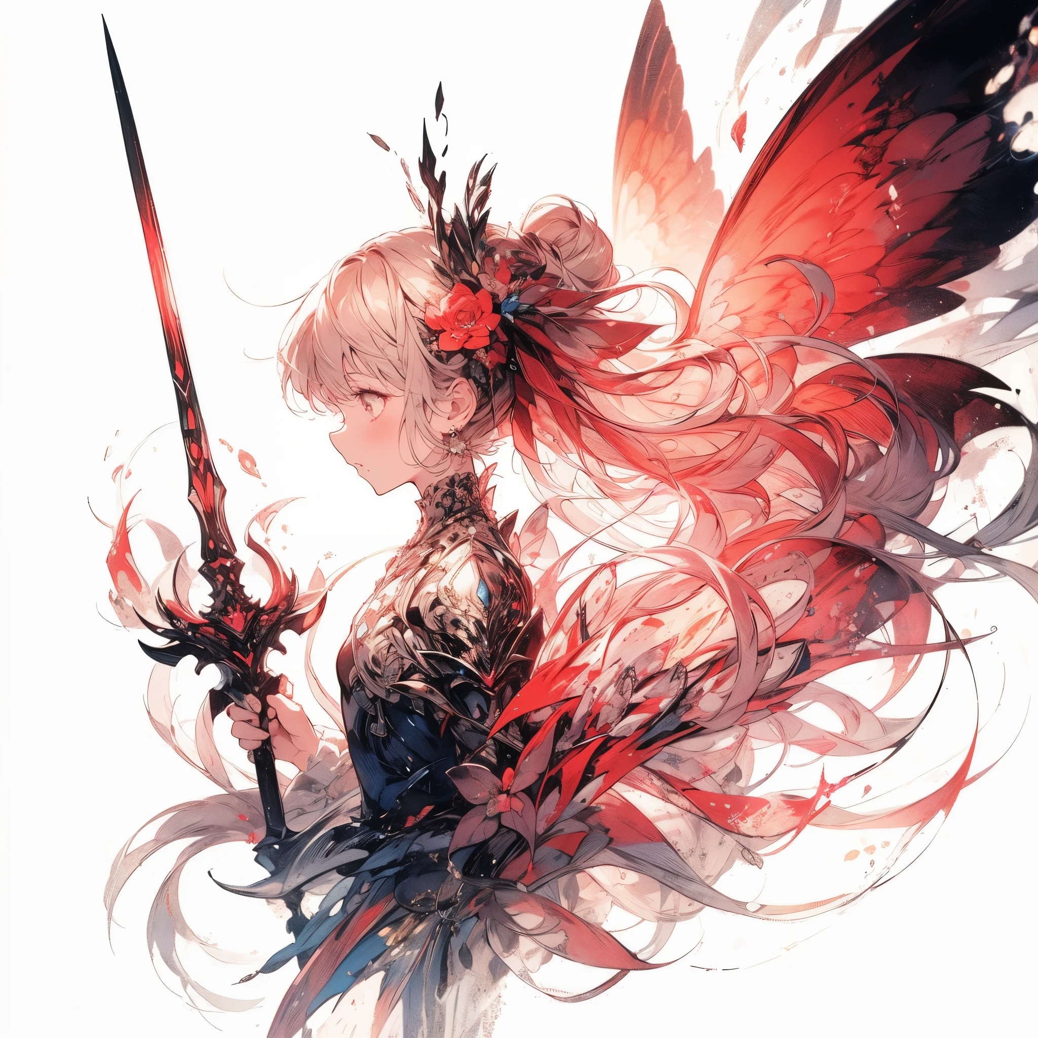 (exquisite, beautiful, very detailed, masterpiece, high quality,High resolution),(soft thin lines:1.2, beautiful and delicate face),In the darkness, a fairy princess knight holds a sword wrapped in flame magic and looks at me.,body whole,from a little far away,butterfly-like fairy wings, The fire is rising,((A red dress with a flame motif,lace and jewels and frills)),(The ends of her hair look like flames,The ends of the hair shine),(earrings,beautifulチョーカー,Gold ankles),(deep pink cheeks,plump pink lips,Fair skin, slim), (serious,battle scene,fantasy),Mature,