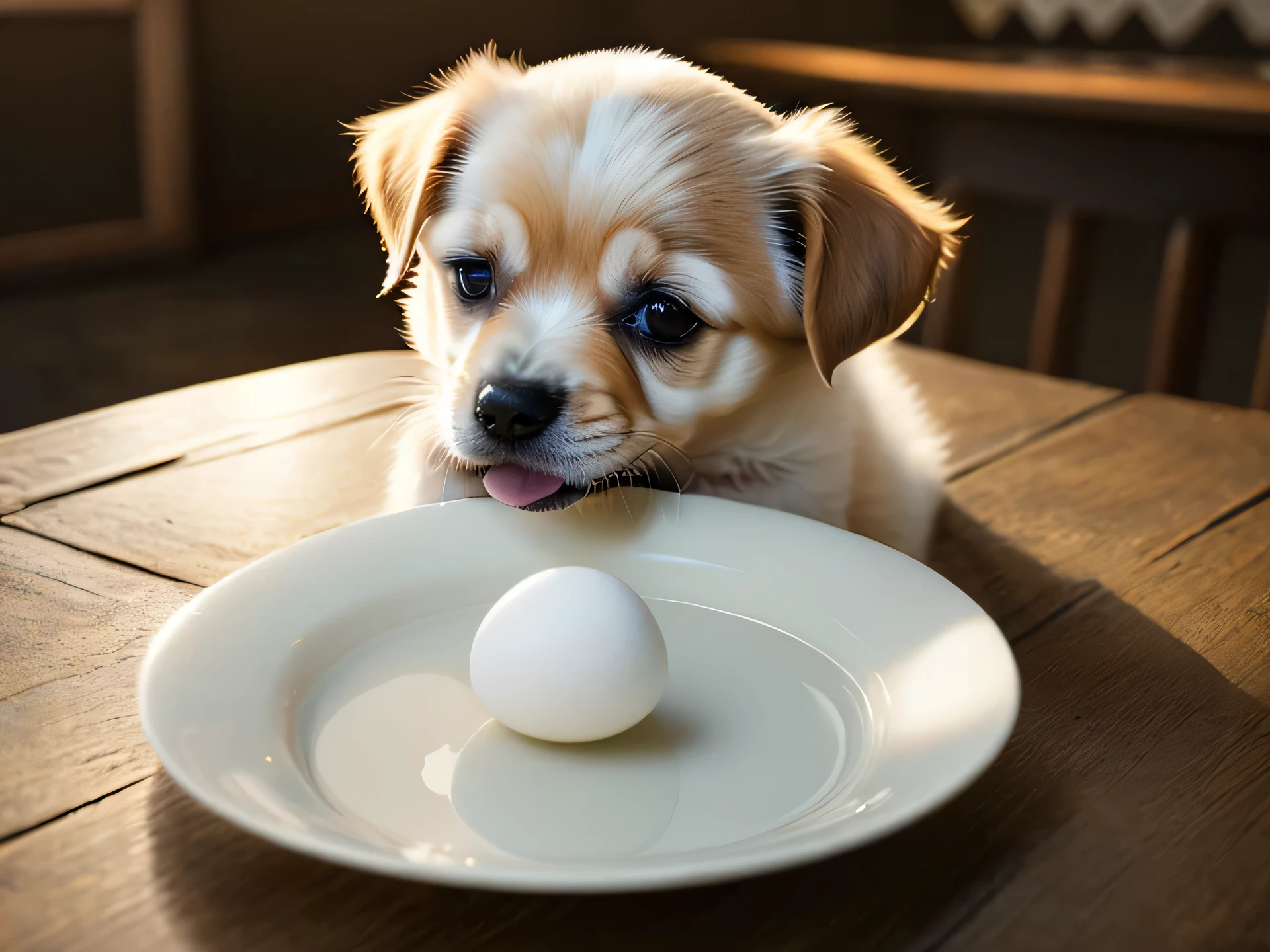 Photograph of a puppy eating a white egg, disfruta lamer el plato, alrededor ingredientes frescos ideales para las mascotas, soft volumetric light, (iluminar desde el fondo: 1.3), (movie: 1.2), Detalles intrincados, (art station: 1.3), rutkowski