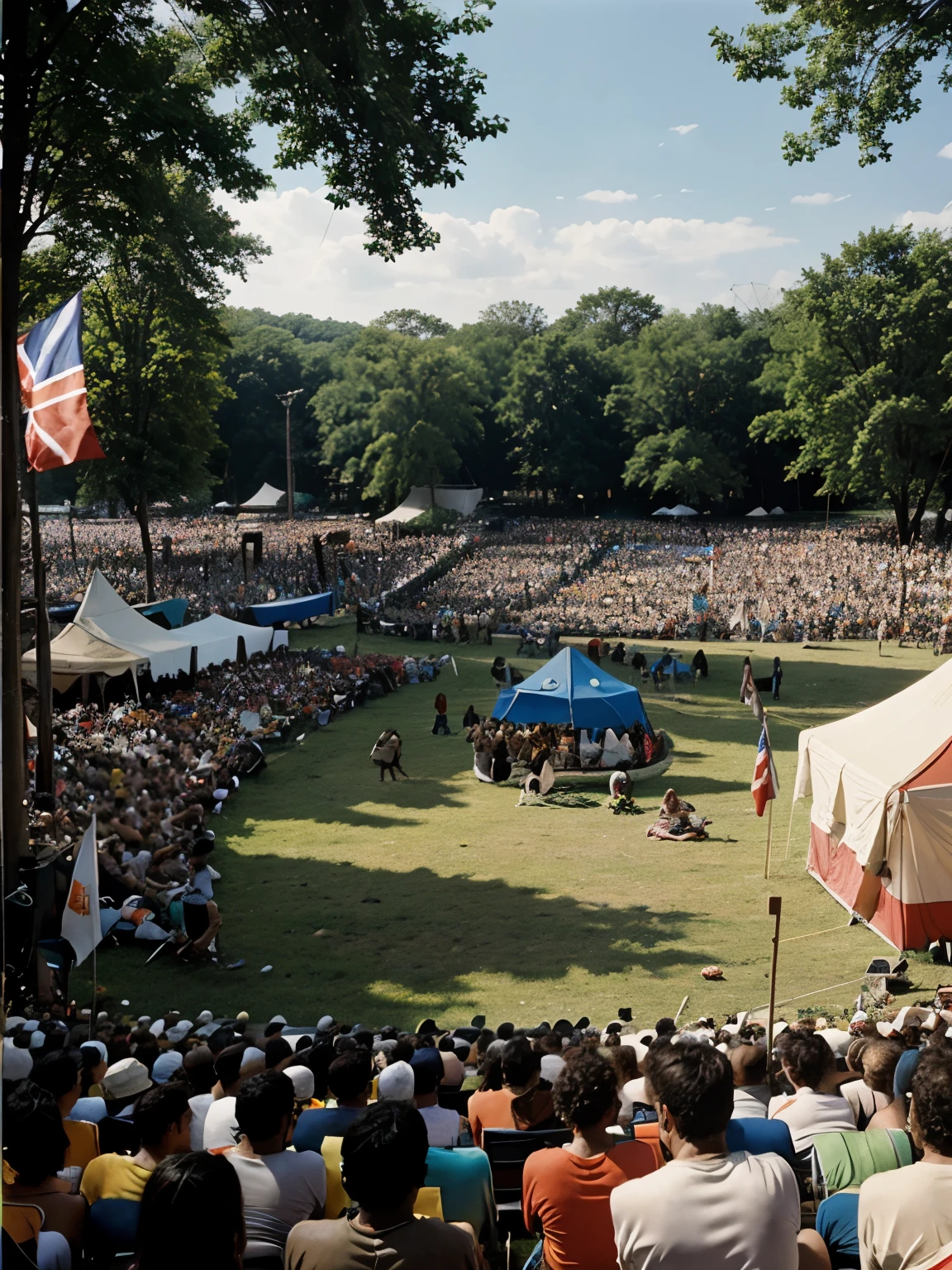A vibrant shot of a drum circle at Woodstock in 1969, with participants of all ages and backgrounds coming together to create rhythmic music amidst a backdrop of colorful tents and flags. Masterpiece. Masterwork. Award-winning photography.