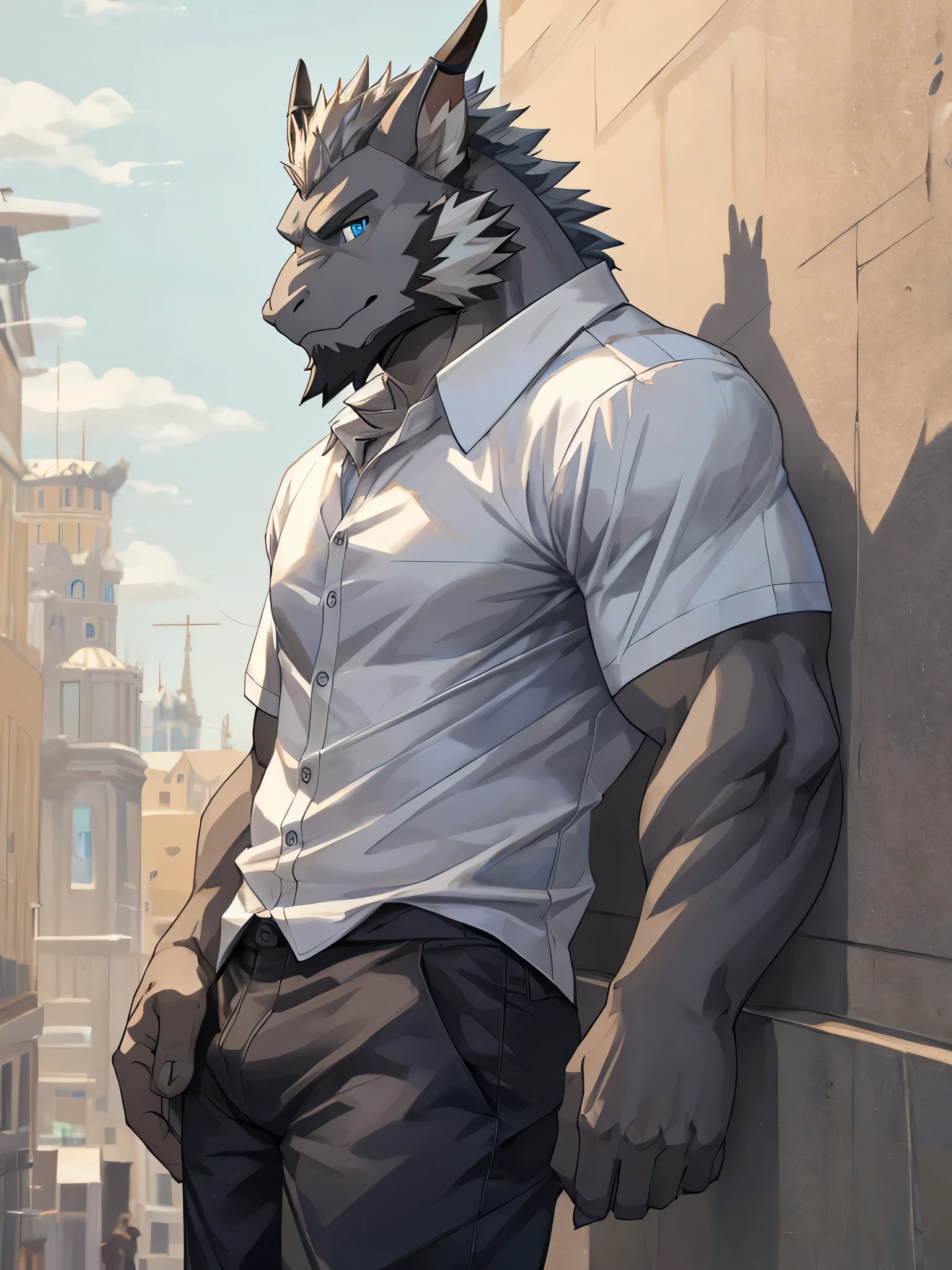 masterpiece, alone, Furry gray dragon, aldult, gray fur, Gray beard, blue eyes, gray short hair, muscular body, nice, Handsome, fiercely, casual shirt, casual pants, cool pose.