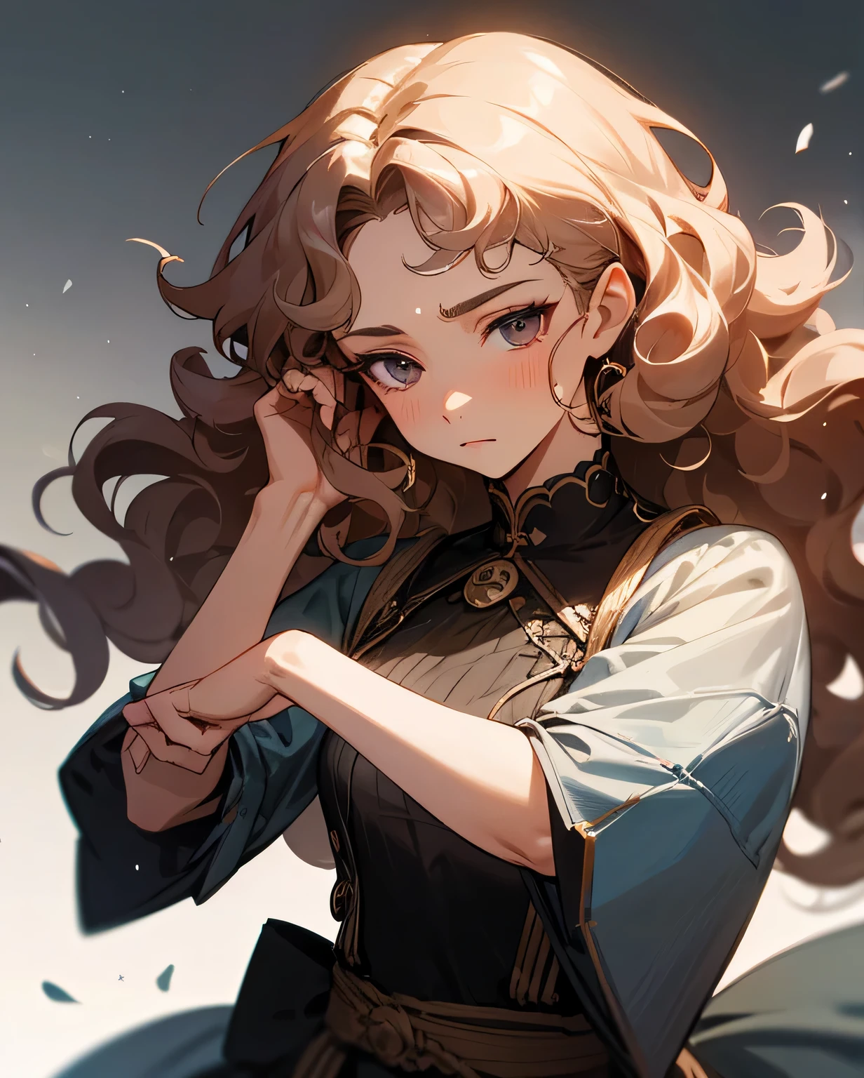 Woman with curly hair , serious facial expression, slight disappointment in face, she has lived trhough a lot but still managed to survive and make the bst of her life, windy, detailed clothes, detailed particles, hands not in the frame
