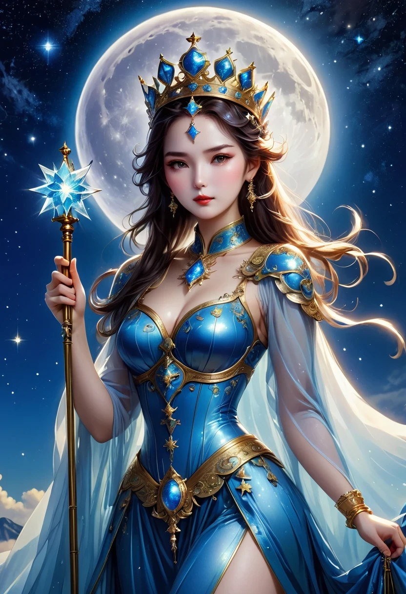 tarot cards, Complete tarot cards border，（Best image quality），1 girl，Dressed in Queen&#39;s Clothing，（Full body female love），scepter in hand，wear a crown on your head，（Perfect body），（Perfect facial depiction），Blue starry sky，（Very large moon close-up），Star（sparkling），clothing（Shiny），（masterpiece），（8k wallpaper），myth，fantasy theme，Surrealism，realistically