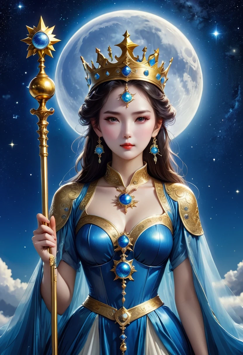 tarot cards, Complete tarot cards border,(Best image quality),1 girl,Dressed in Queen's Clothing,(Full body female love),scepter in hand,wear a crown on your head,(Perfect body),(Perfect facial depiction),Blue starry sky,(Very large moon close-up),Star(sparkling),clothing(Shiny),(masterpiece),(8k wallpaper),myth,fantasy theme,Surrealism,realistically