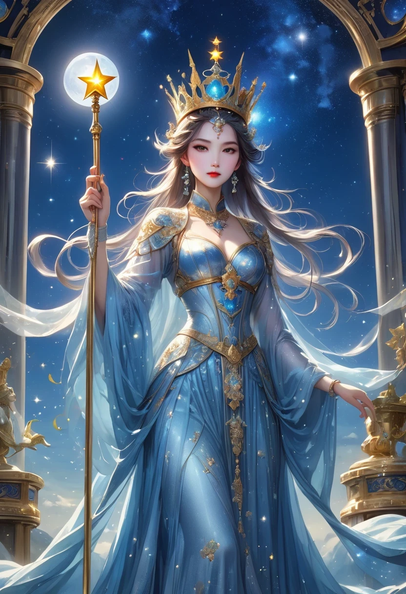 tarot cards, Complete tarot cards border,(Best image quality),1 girl,Dressed in Queen's Clothing,(Full body female love),scepter in hand,wear a crown on your head,(Perfect body),(Perfect facial depiction),Blue starry sky,(Very large moon close-up),Star(sparkling),clothing(Shiny),(masterpiece),(8k wallpaper),myth,fantasy theme,Surrealism,realistically