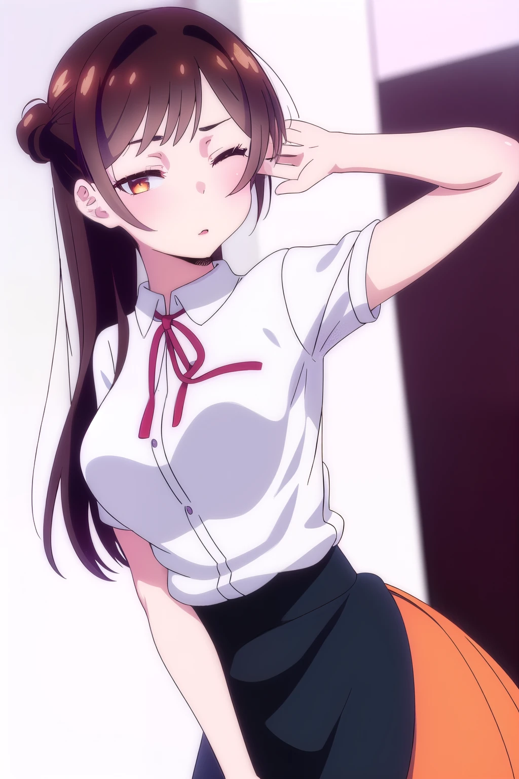 (1 girl), (orange eyes), (intricate iris details), (front), (sexy girl with sexy look dressed in a shirt and a skirt), (lowers her eyes), (Chizuru Mizuhara), (White background)